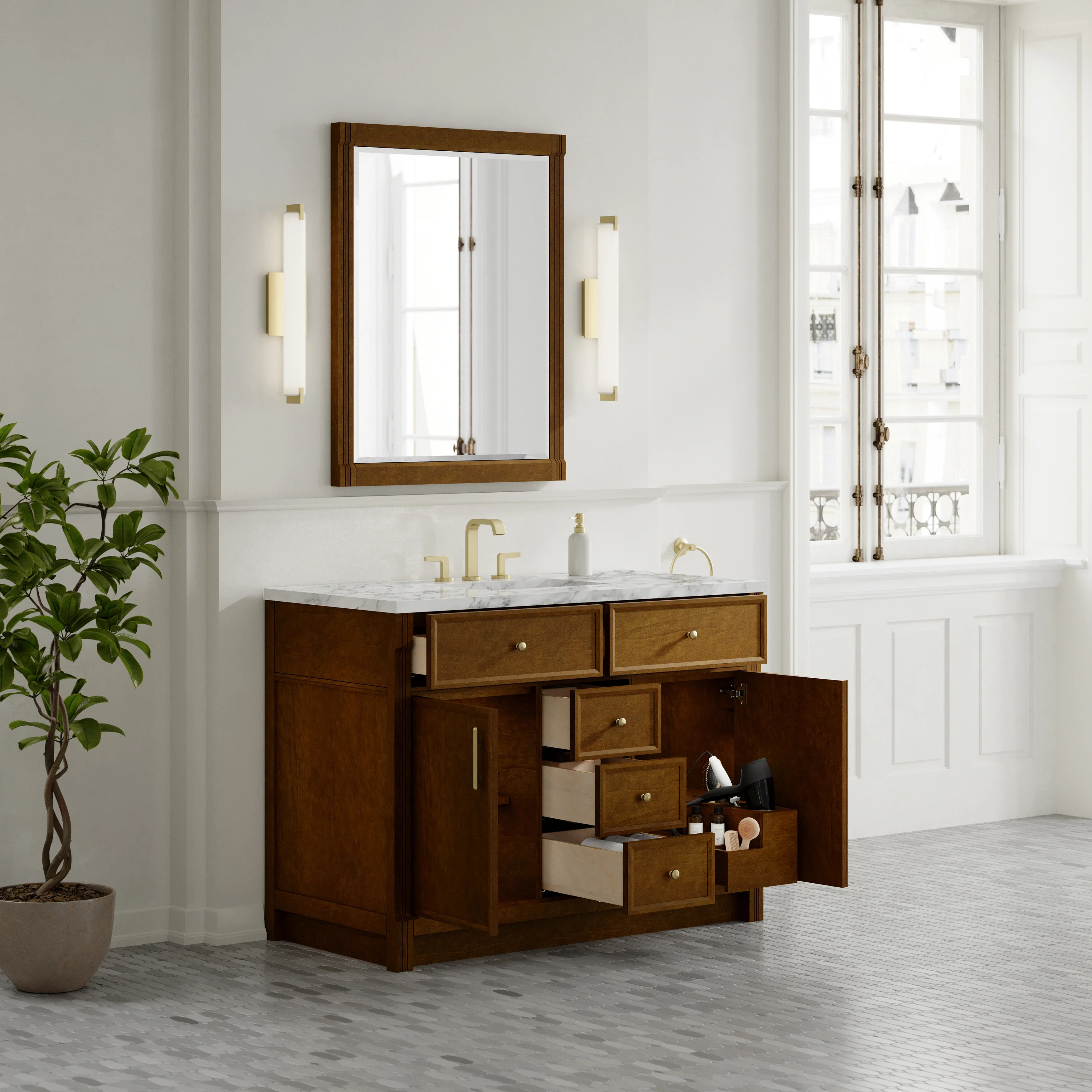 Bellshire 48" Single Vanity, Honey Oak w/ 3 CM Carrara Marble Top