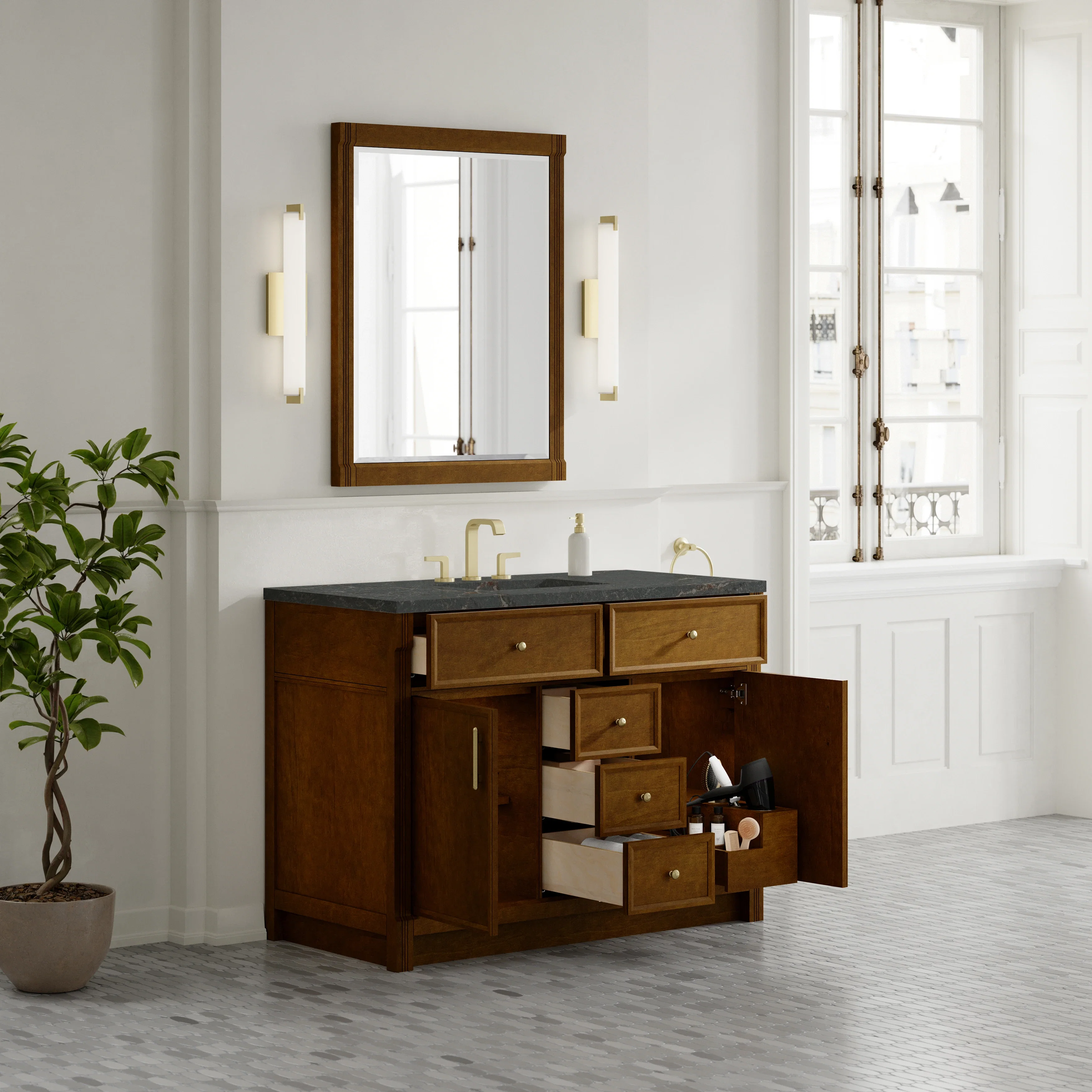 Bellshire 48" Single Vanity, Honey Oak w/ 3 CM Parisien Bleu Silestone Top