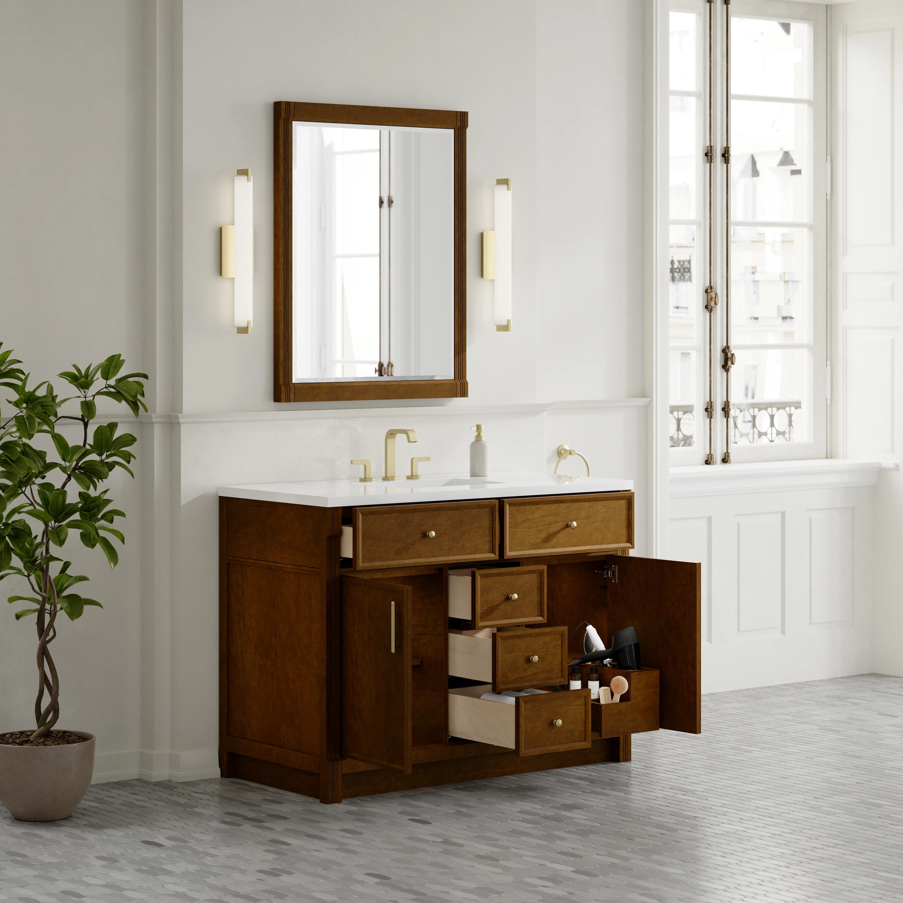 Bellshire 48" Single Vanity, Honey Oak w/ 3 CM White Zeus Silestone Top
