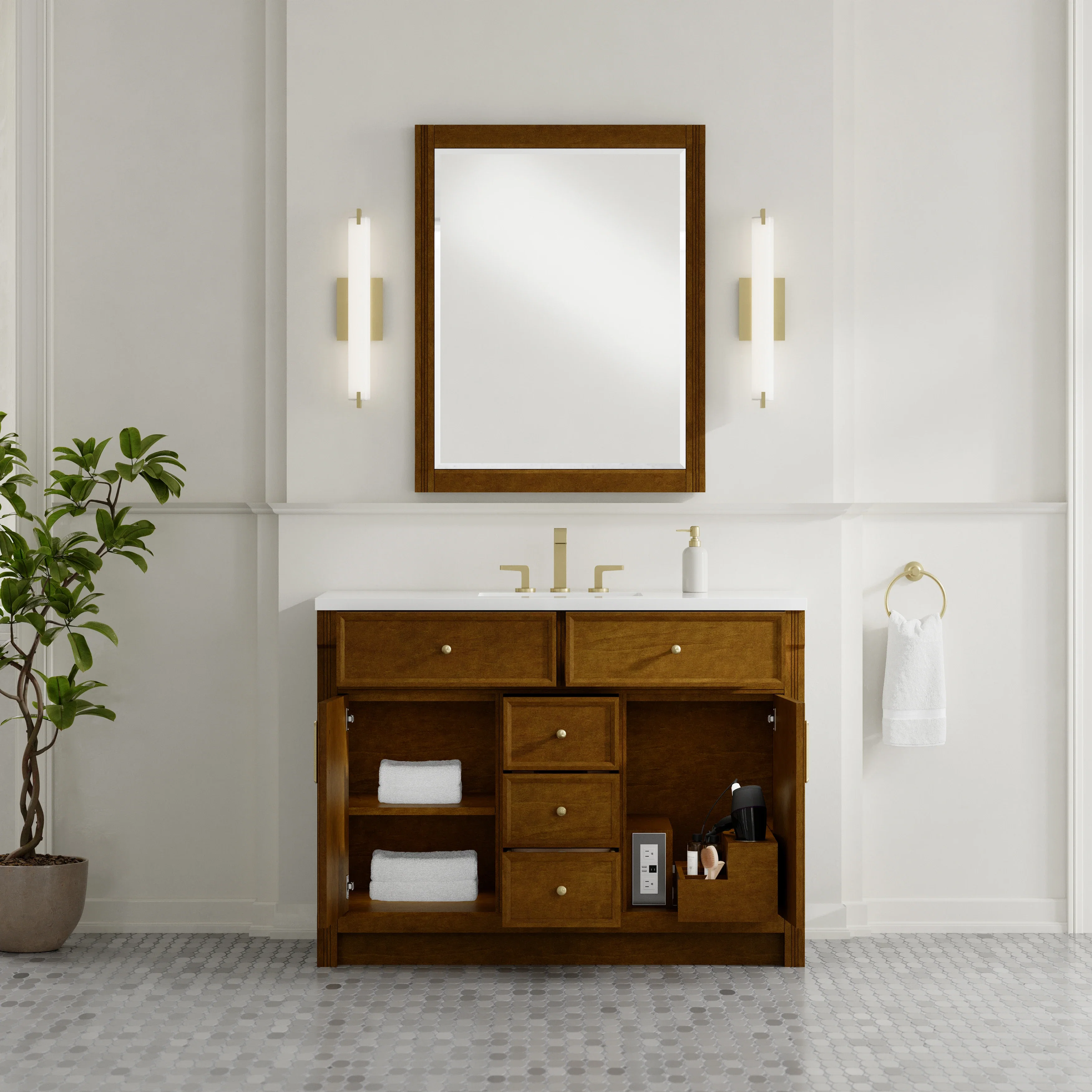 Bellshire 48" Single Vanity, Honey Oak w/ 3 CM White Zeus Silestone Top