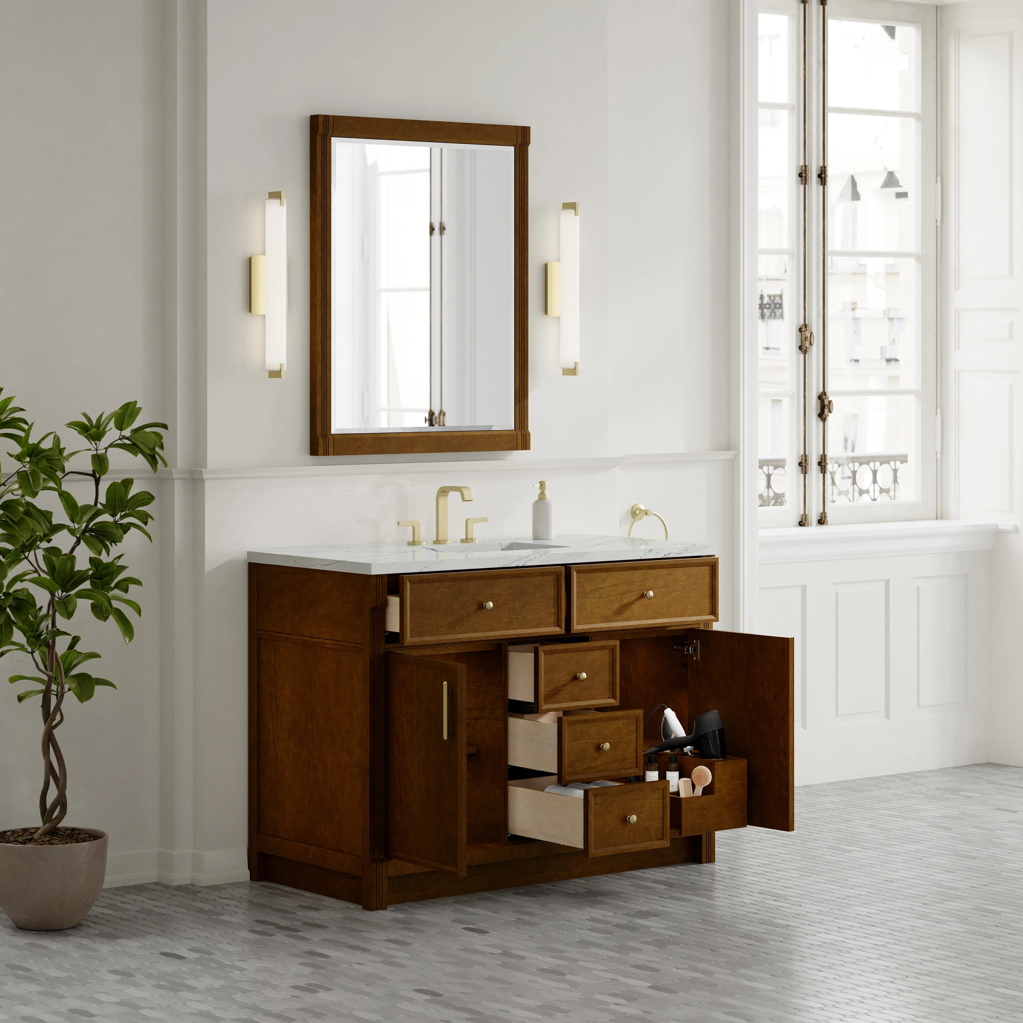 Bellshire 48" Single Vanity, Honey Oak w/ 3 CM Ethereal Noctis Silestone Top w/FreePower Wireless Charger