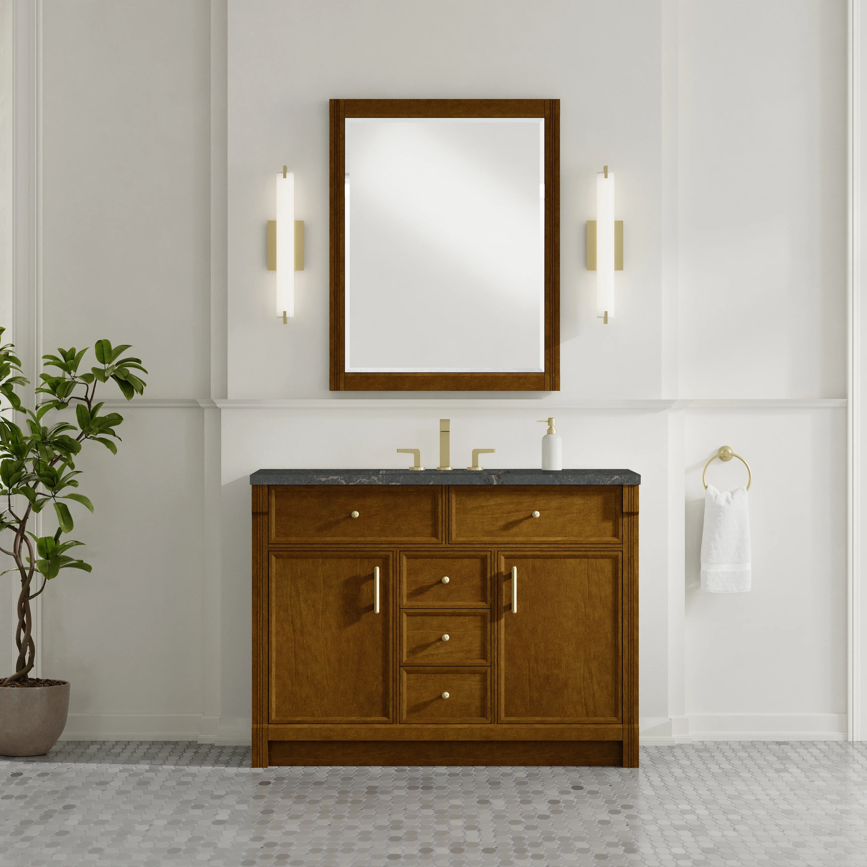 Bellshire 48" Single Vanity, Honey Oak w/ 3 CM Parisien Bleu Silestone Top w/FreePower Wireless Charger