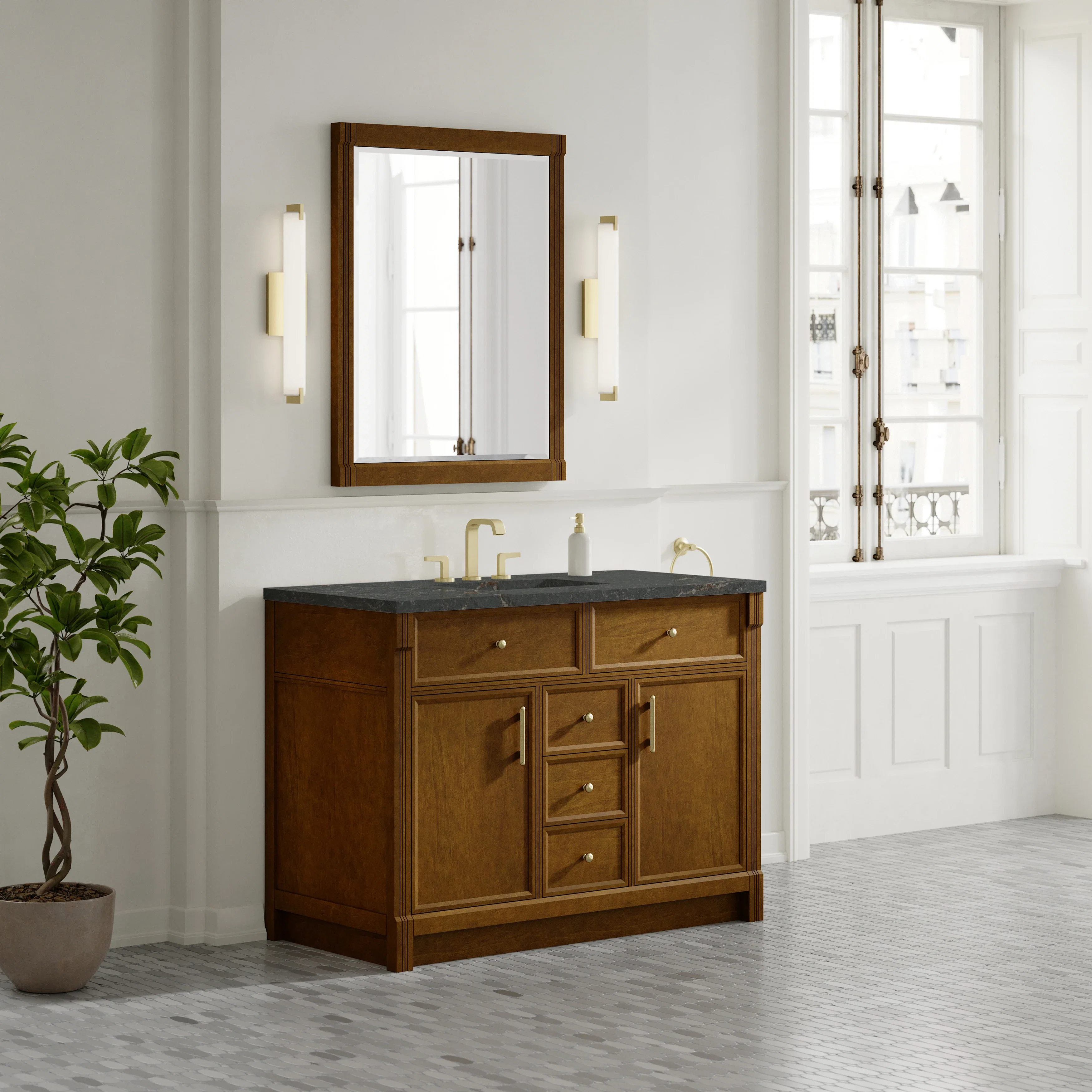 Bellshire 48" Single Vanity, Honey Oak w/ 3 CM Parisien Bleu Silestone Top w/FreePower Wireless Charger