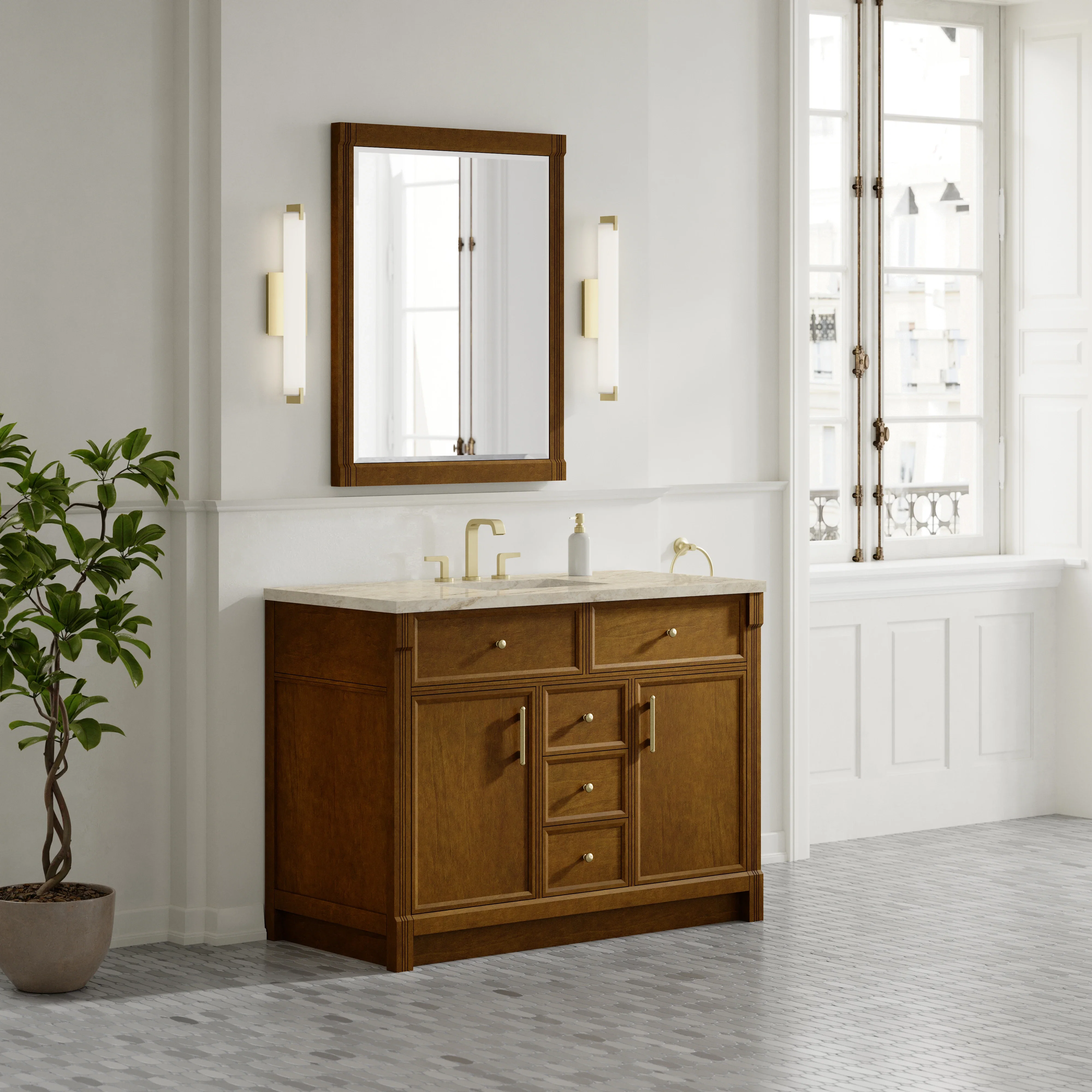 Bellshire 48" Single Vanity, Honey Oak w/ 3 CM Tajnar Eclos Top w/FreePower Wireless Charger