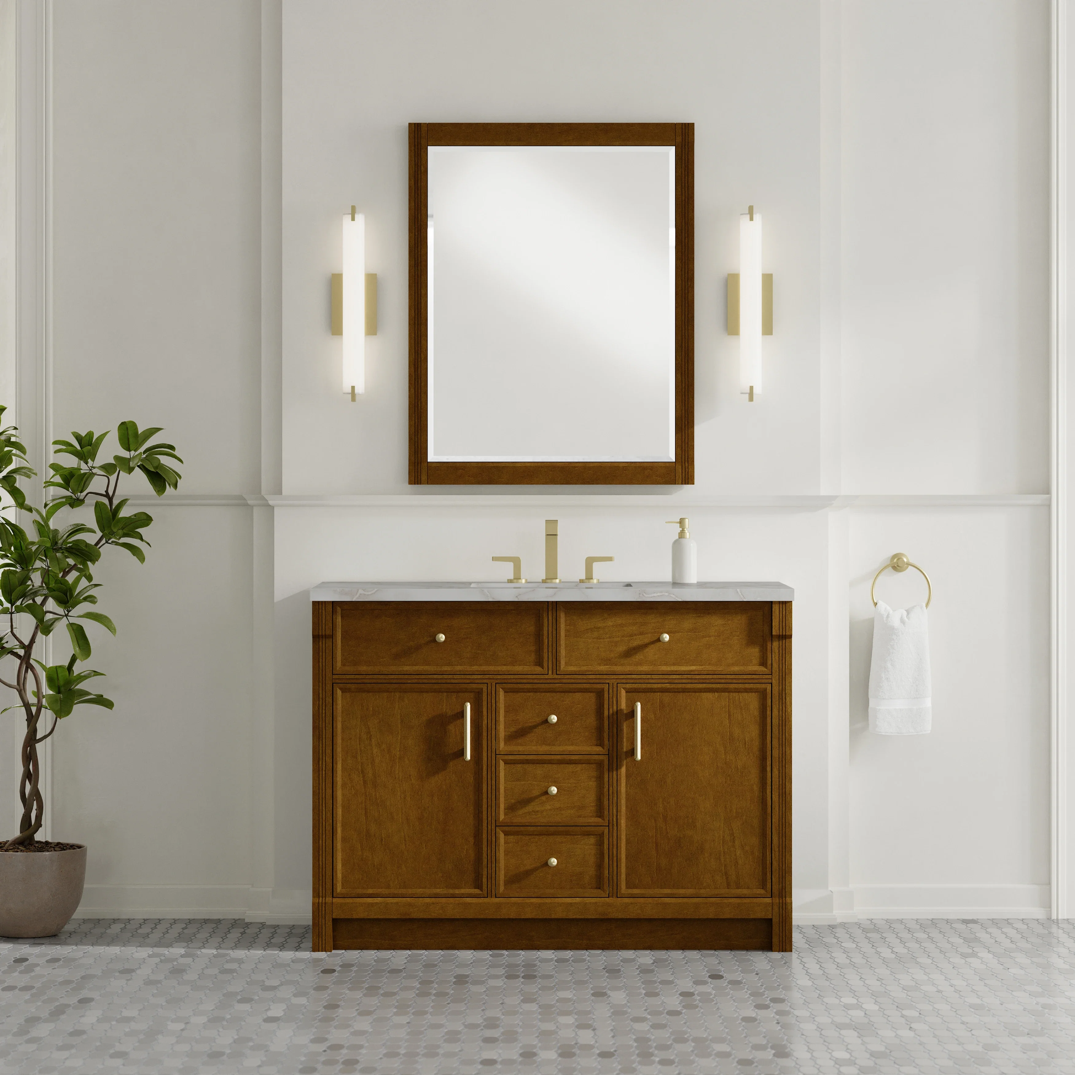 Bellshire 48" Single Vanity, Honey Oak w/ 3 CM Victorian Silver Silestone Top w/FreePower Wireless Charger