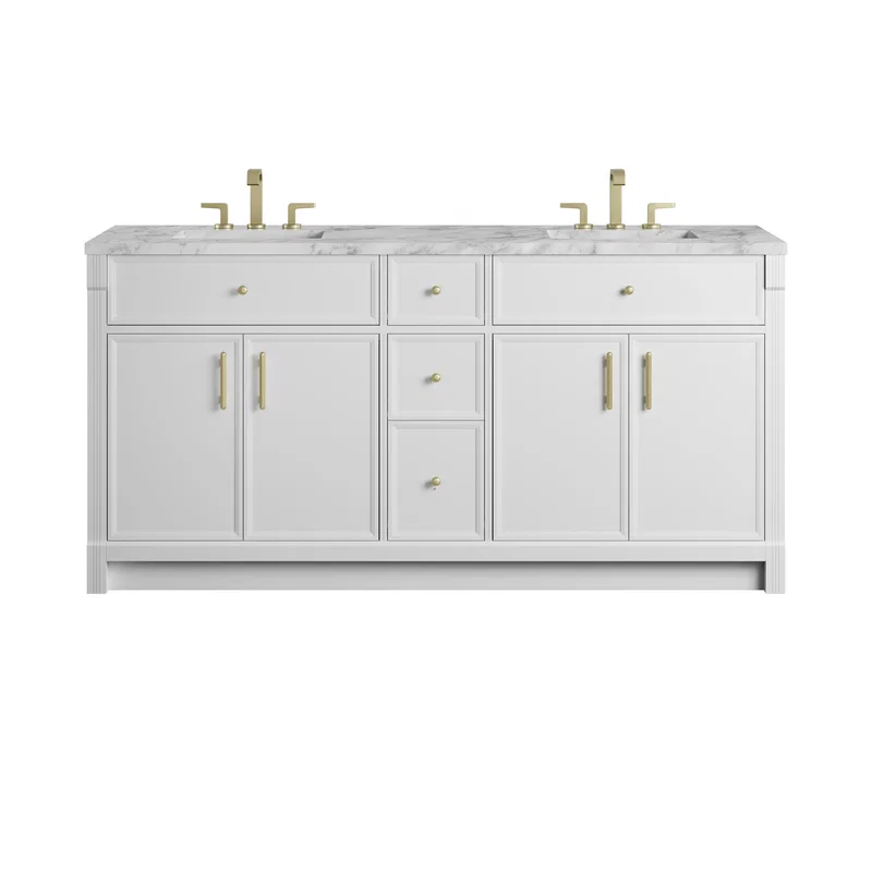 Bellshire 72" Double Vanity, Bright White w/ 3 CM Carrara Marble Top