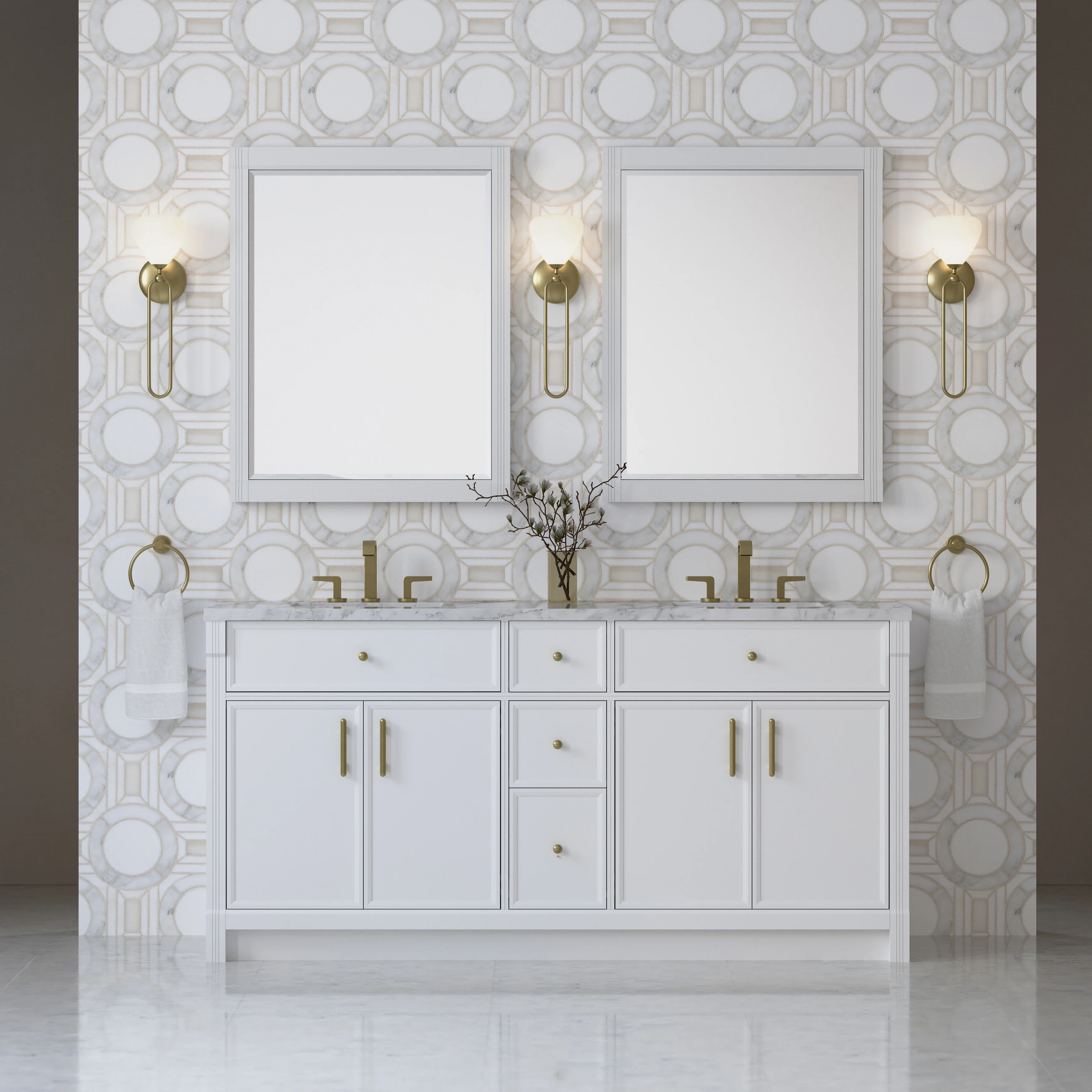 Bellshire 72" Double Vanity, Bright White w/ 3 CM Carrara Marble Top