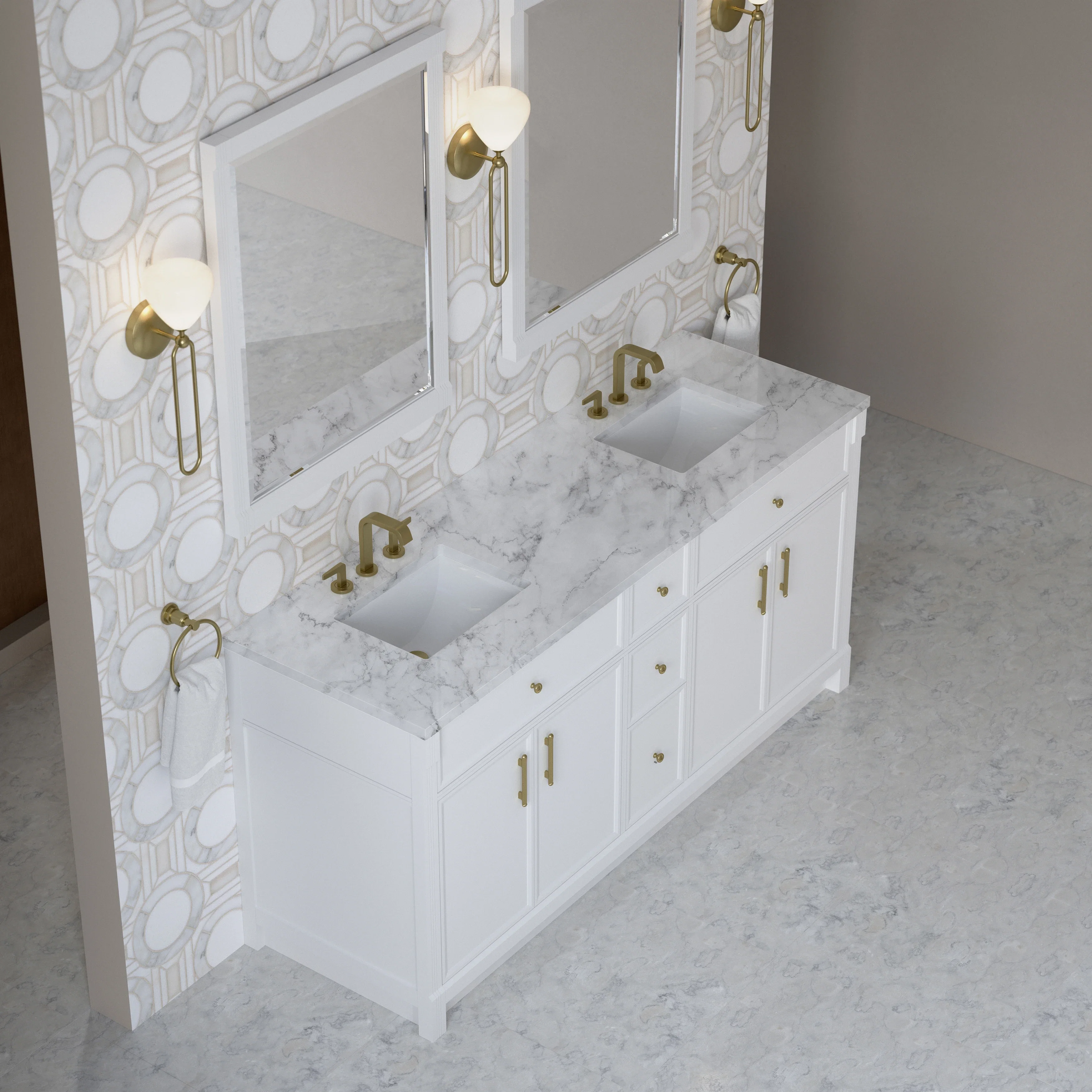 Bellshire 72" Double Vanity, Bright White w/ 3 CM Carrara Marble Top