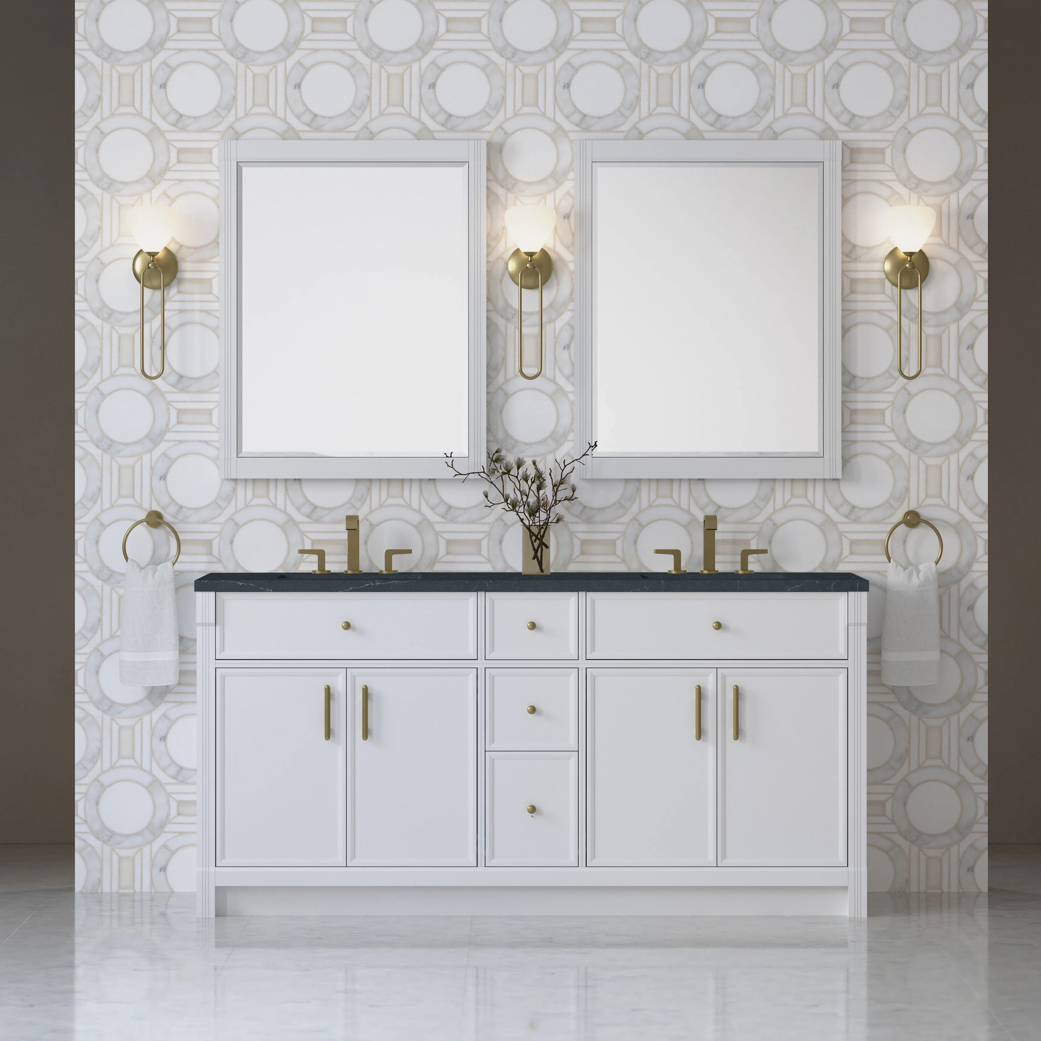 Bellshire 72" Double Vanity, Bright White w/ 3 CM Charcoal Soapstone Silestone Top