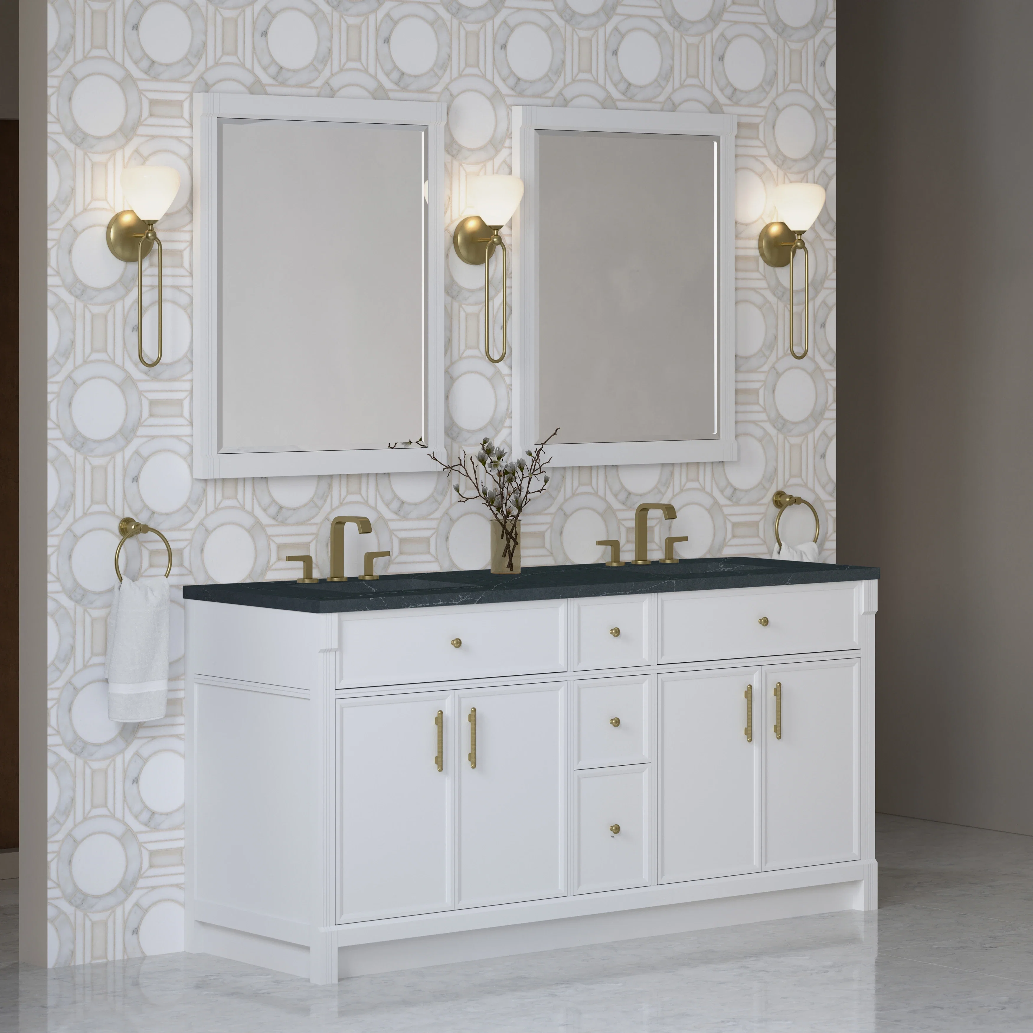 Bellshire 72" Double Vanity, Bright White w/ 3 CM Charcoal Soapstone Silestone Top