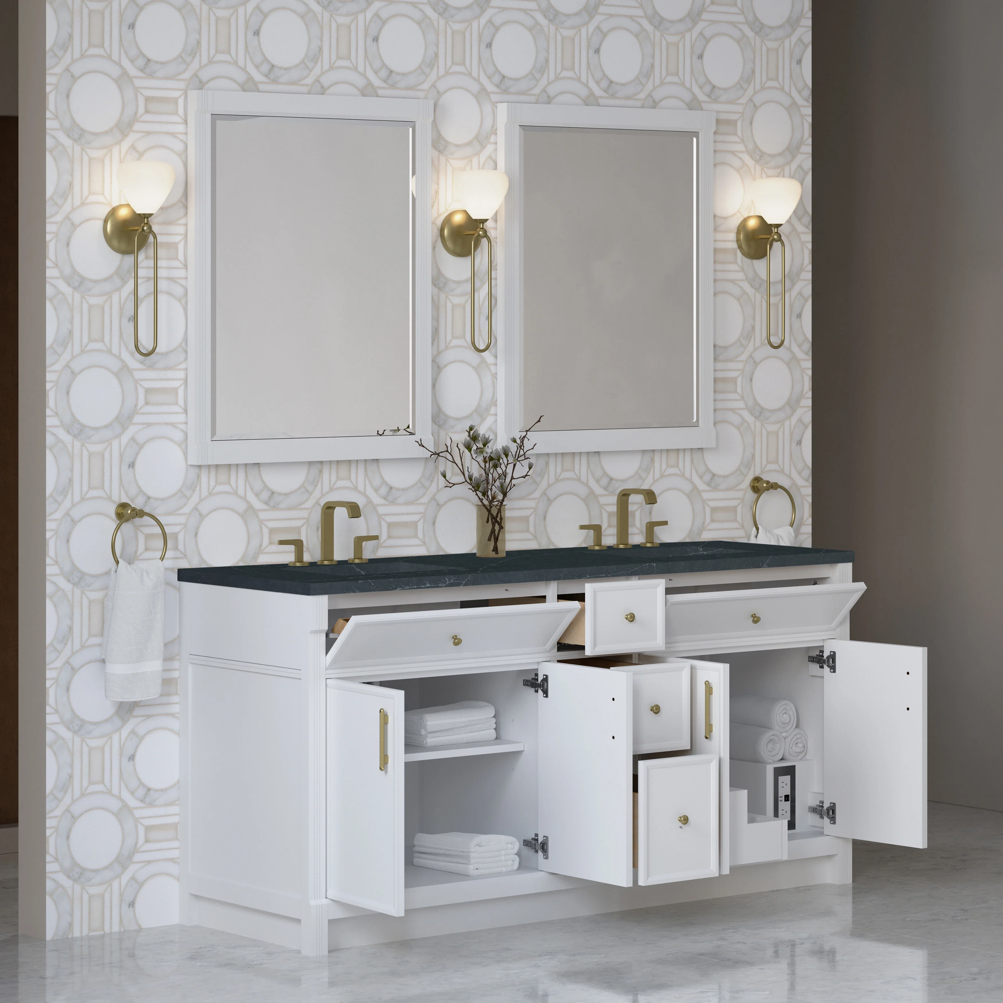 Bellshire 72" Double Vanity, Bright White w/ 3 CM Charcoal Soapstone Silestone Top