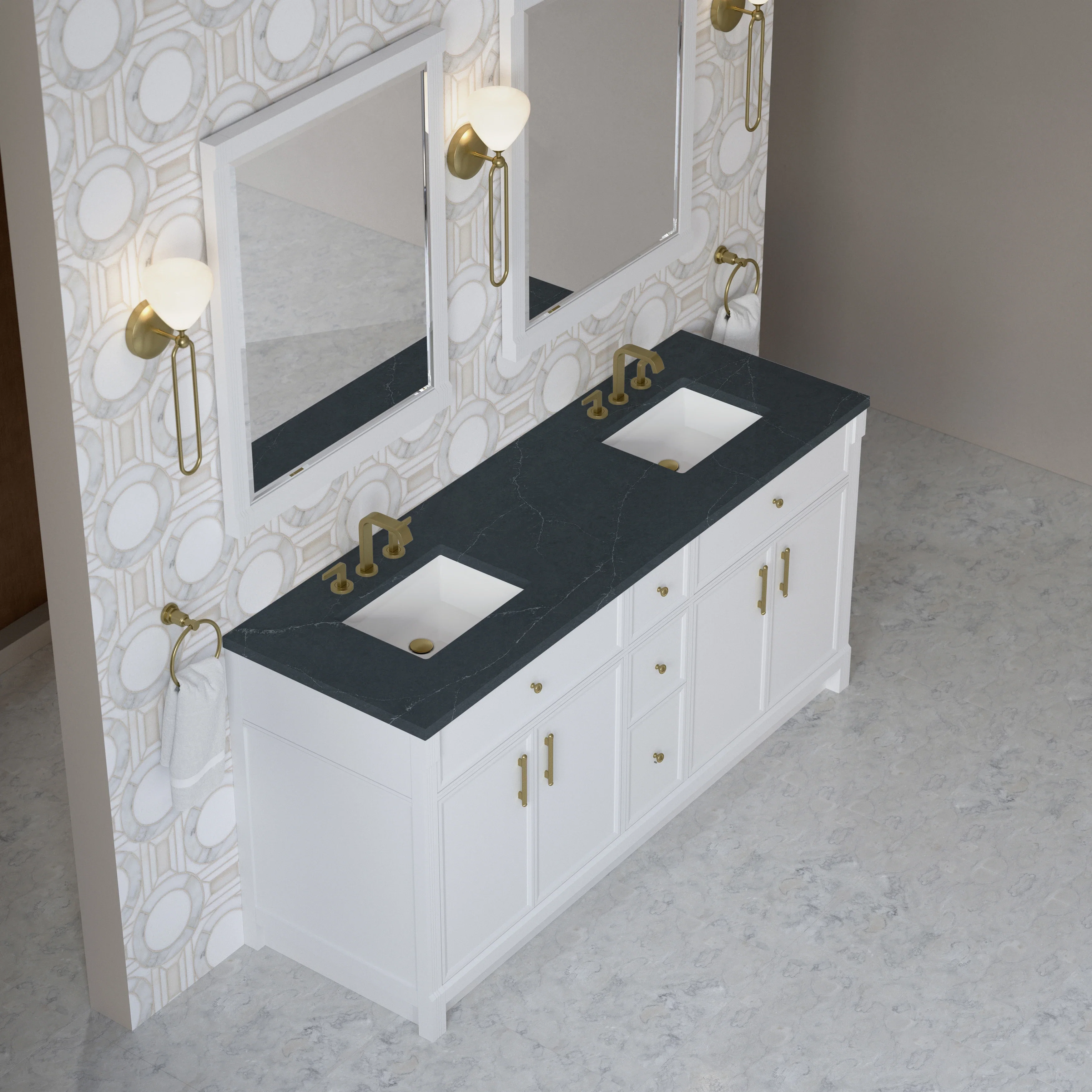 Bellshire 72" Double Vanity, Bright White w/ 3 CM Charcoal Soapstone Silestone Top