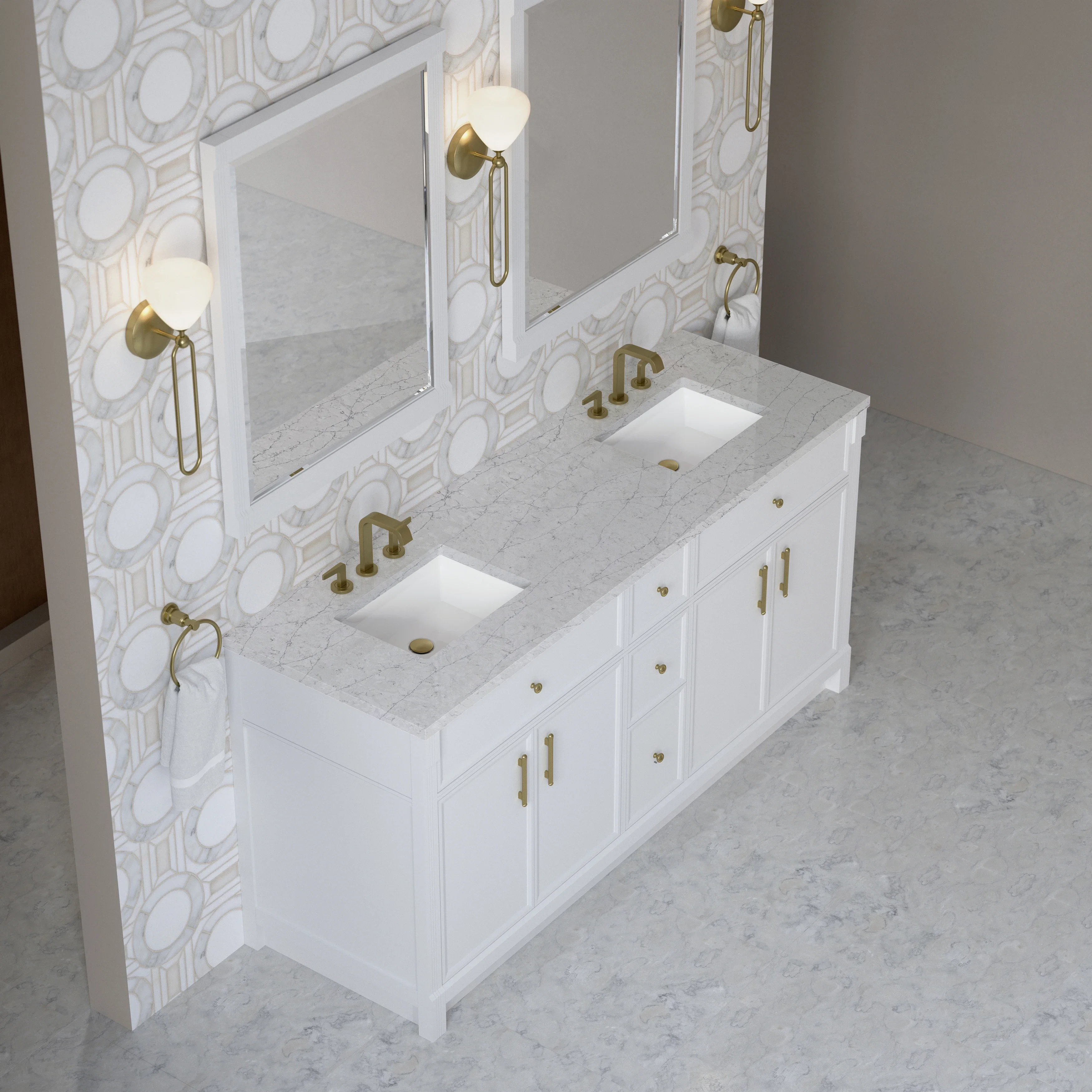Bellshire 72" Double Vanity, Bright White w/ 3 CM Eternal Jasmine Pearl Silestone Top