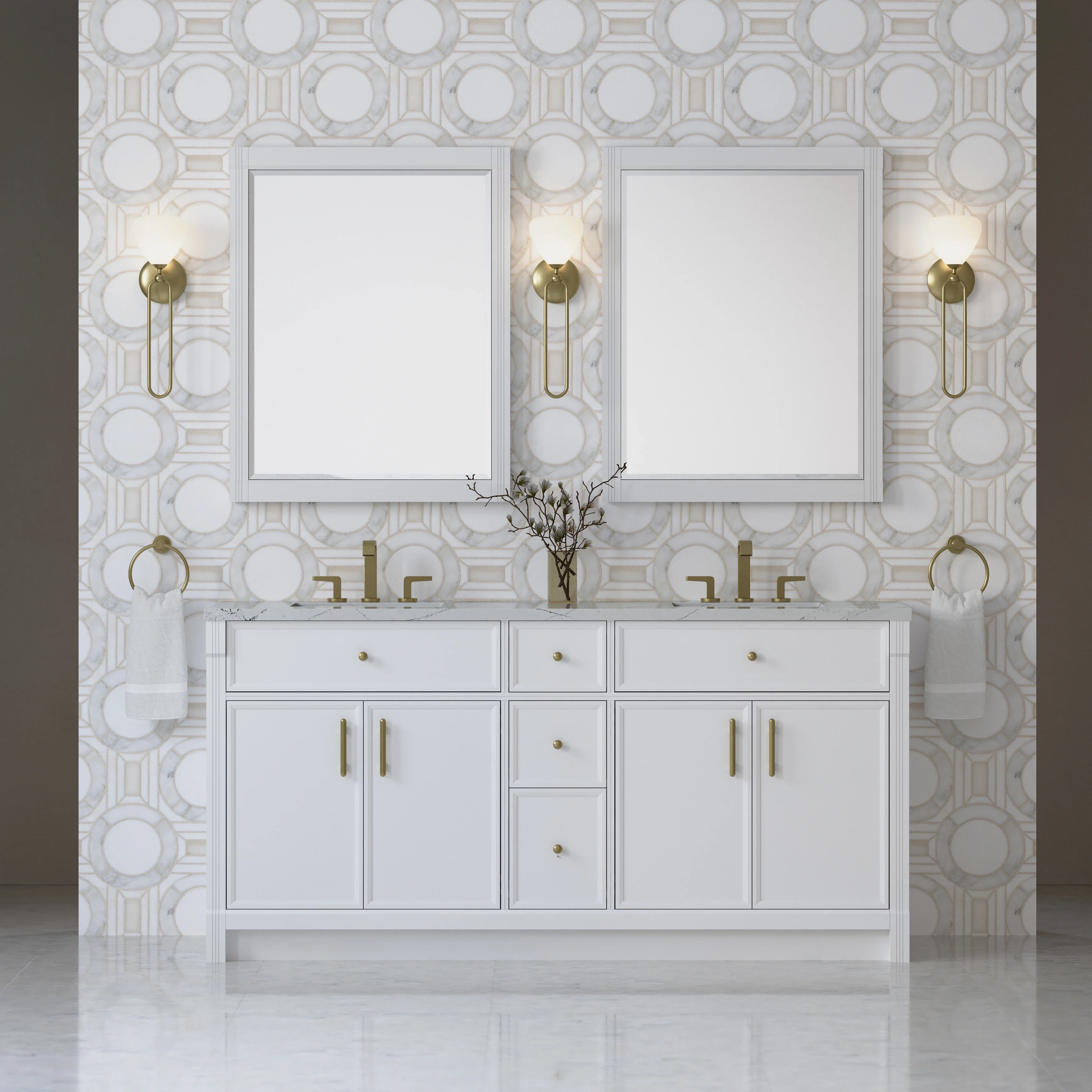 Bellshire 72" Double Vanity, Bright White w/ 3 CM Ethereal Noctis Silestone Top