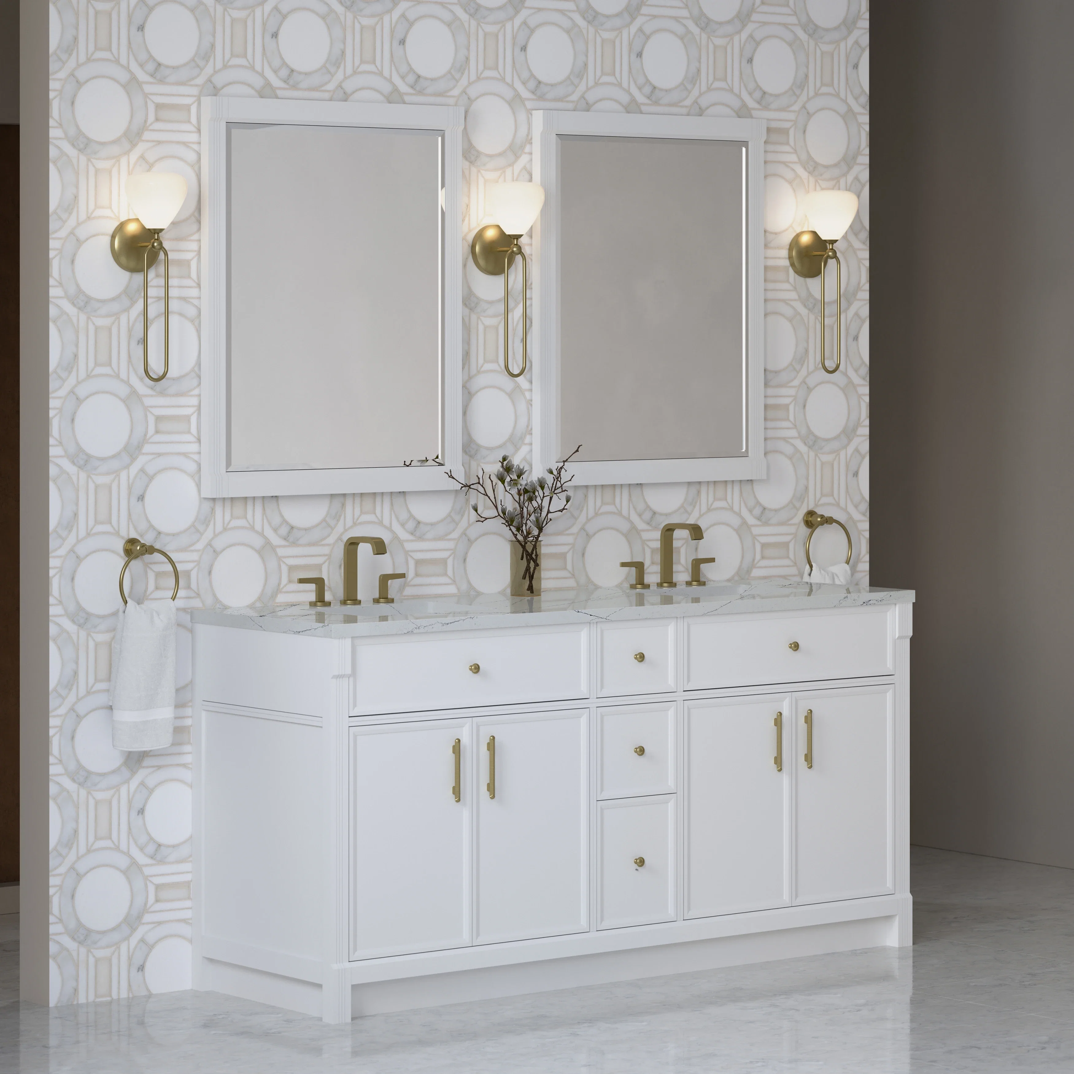 Bellshire 72" Double Vanity, Bright White w/ 3 CM Ethereal Noctis Silestone Top