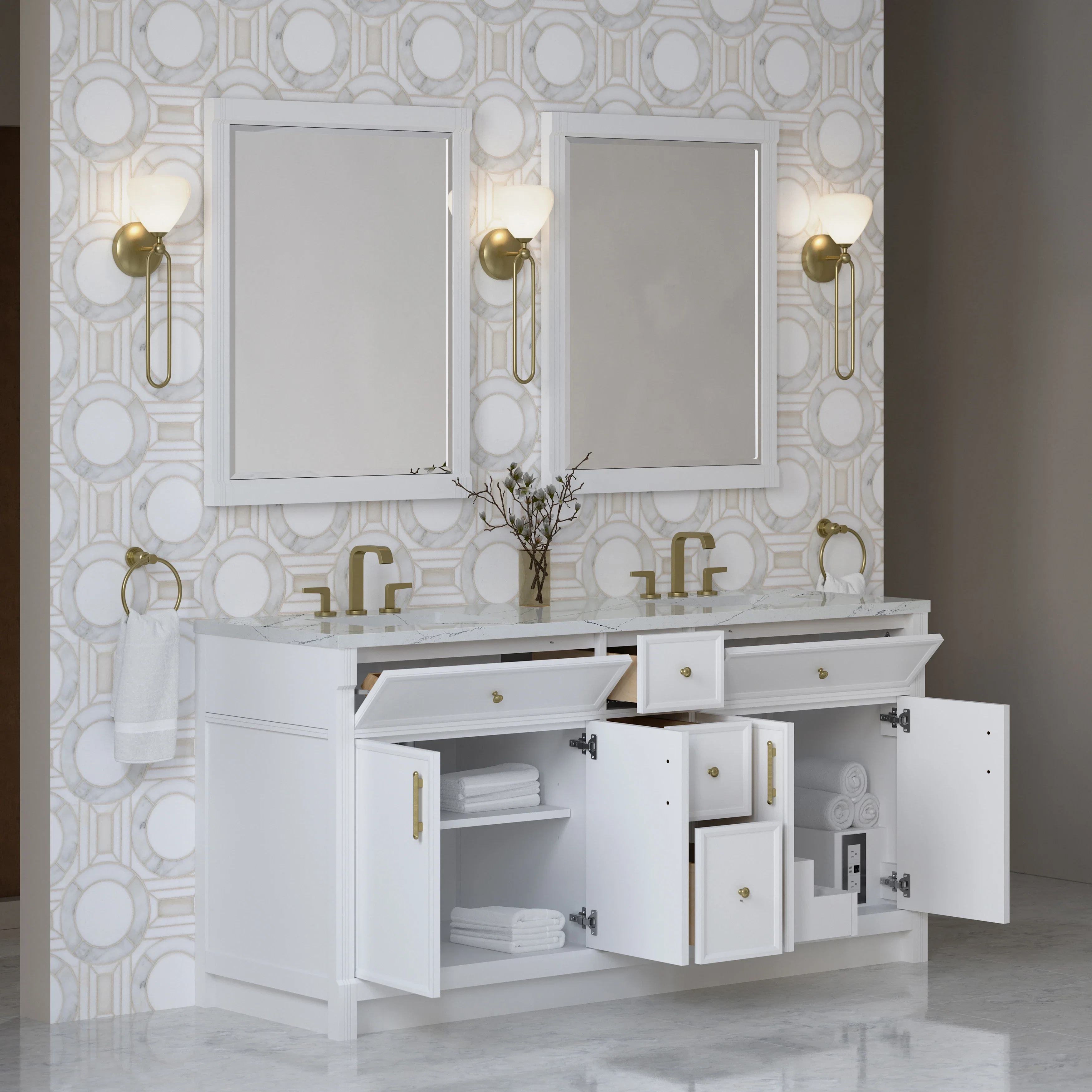 Bellshire 72" Double Vanity, Bright White w/ 3 CM Ethereal Noctis Silestone Top
