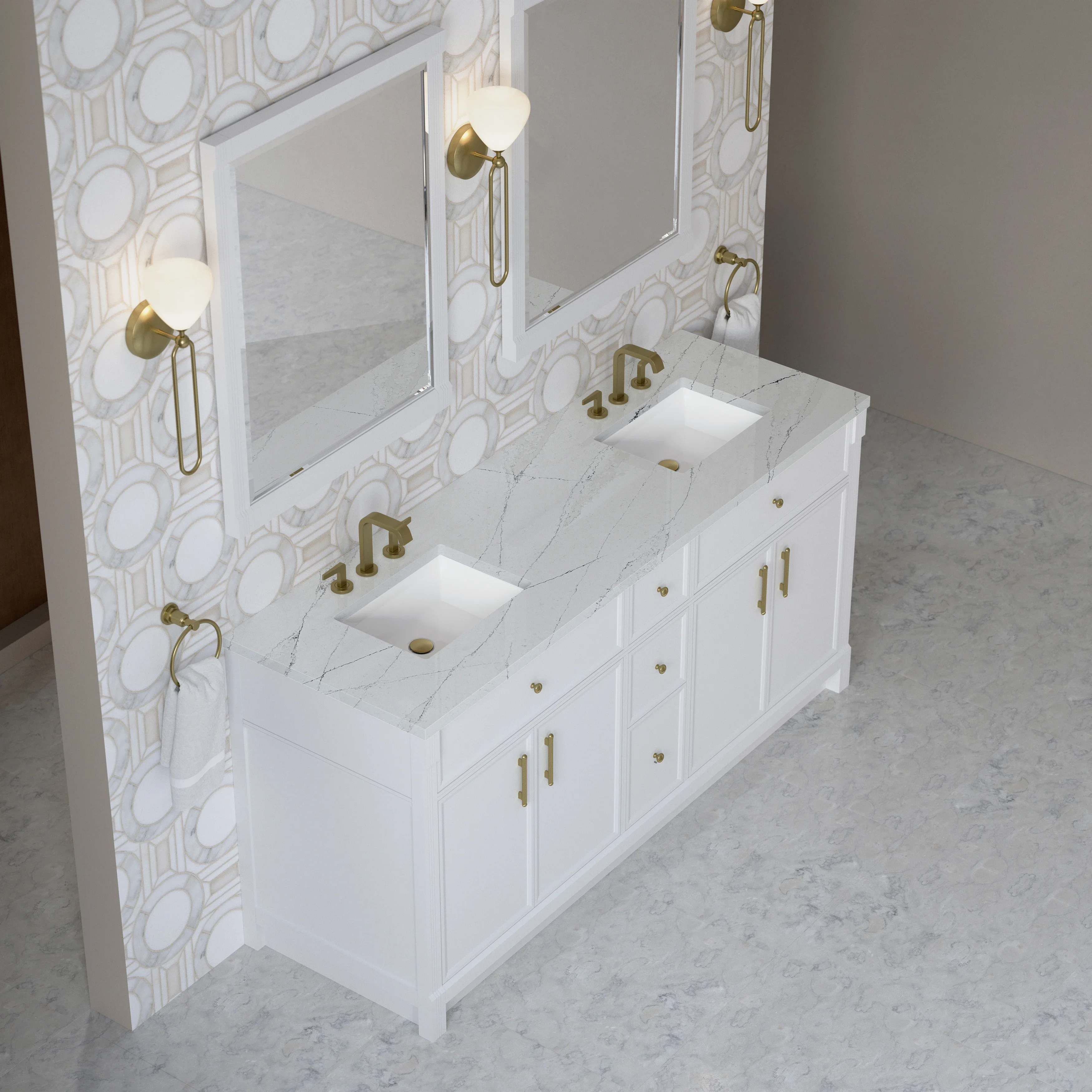 Bellshire 72" Double Vanity, Bright White w/ 3 CM Ethereal Noctis Silestone Top