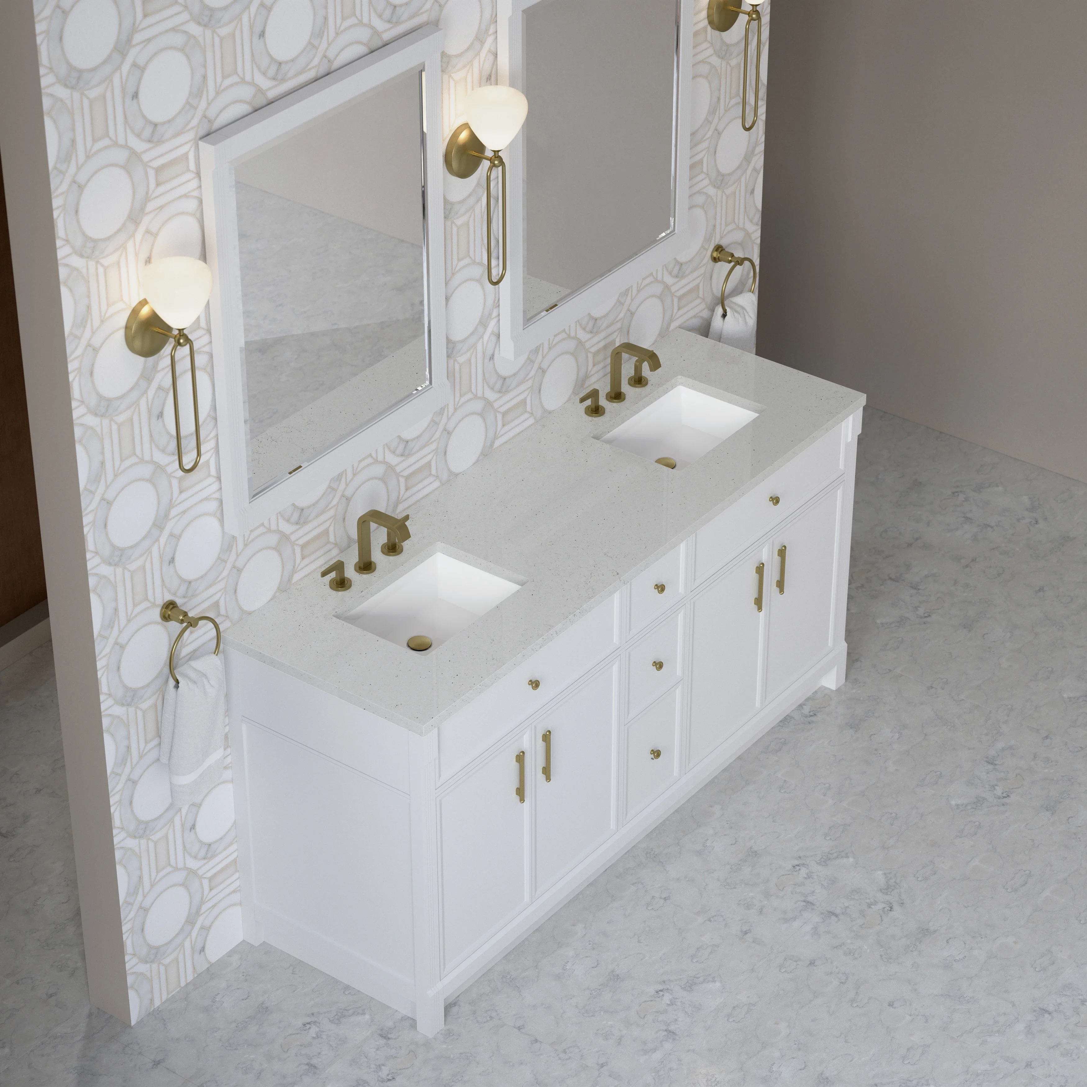 Bellshire 72" Double Vanity, Bright White w/ 3 CM Lime Delight Silestone Top