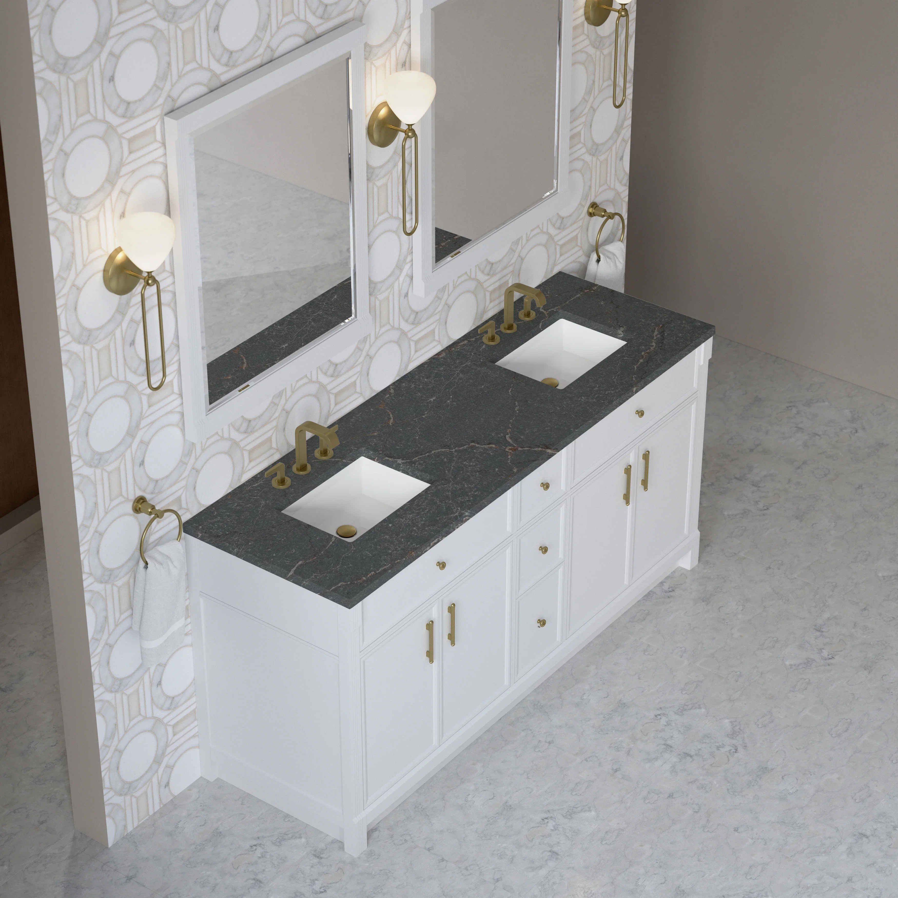 Bellshire 72" Double Vanity, Bright White w/ 3 CM Parisien Bleu Silestone Top