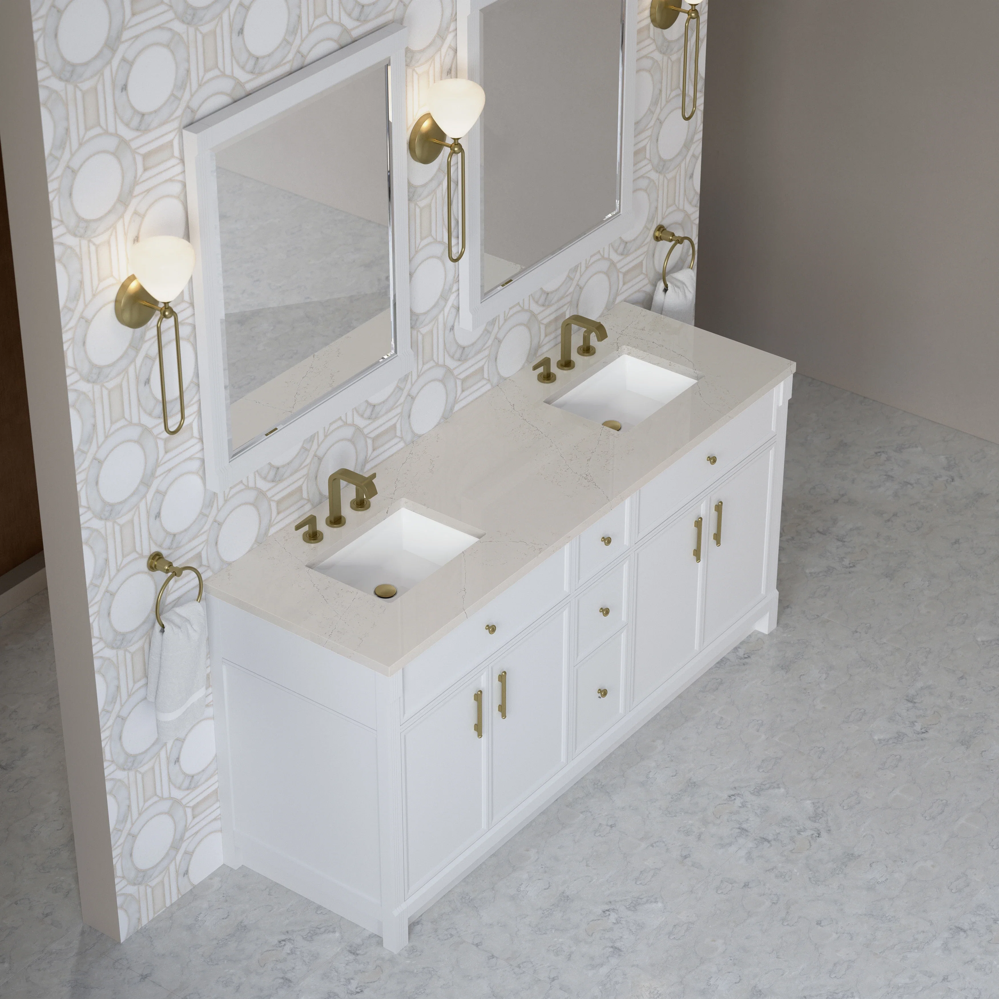 Bellshire 72" Double Vanity, Bright White w/ 3 CM Siberian Silestone Top