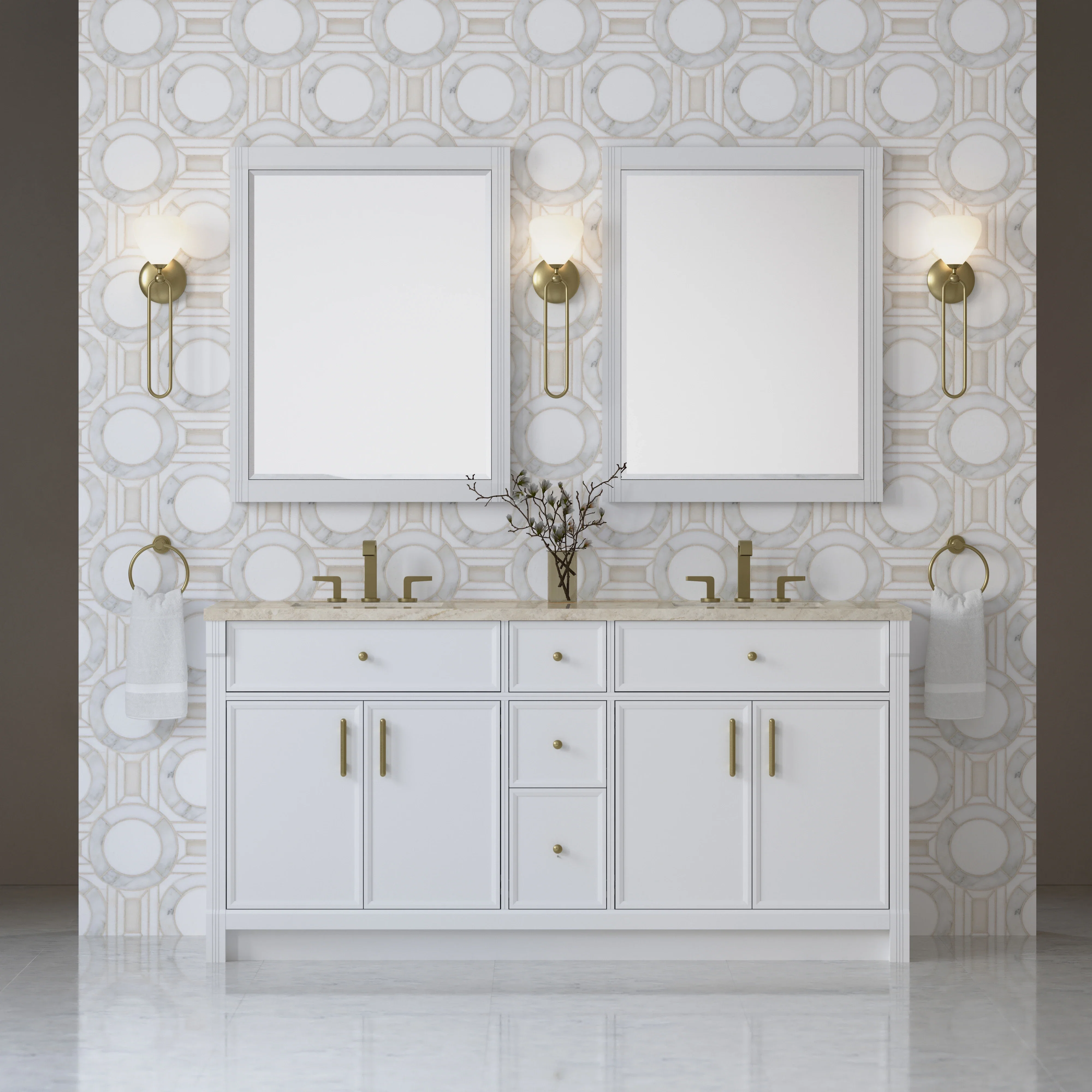 Bellshire 72" Double Vanity, Bright White w/ 3 CM Tajnar Eclos Top