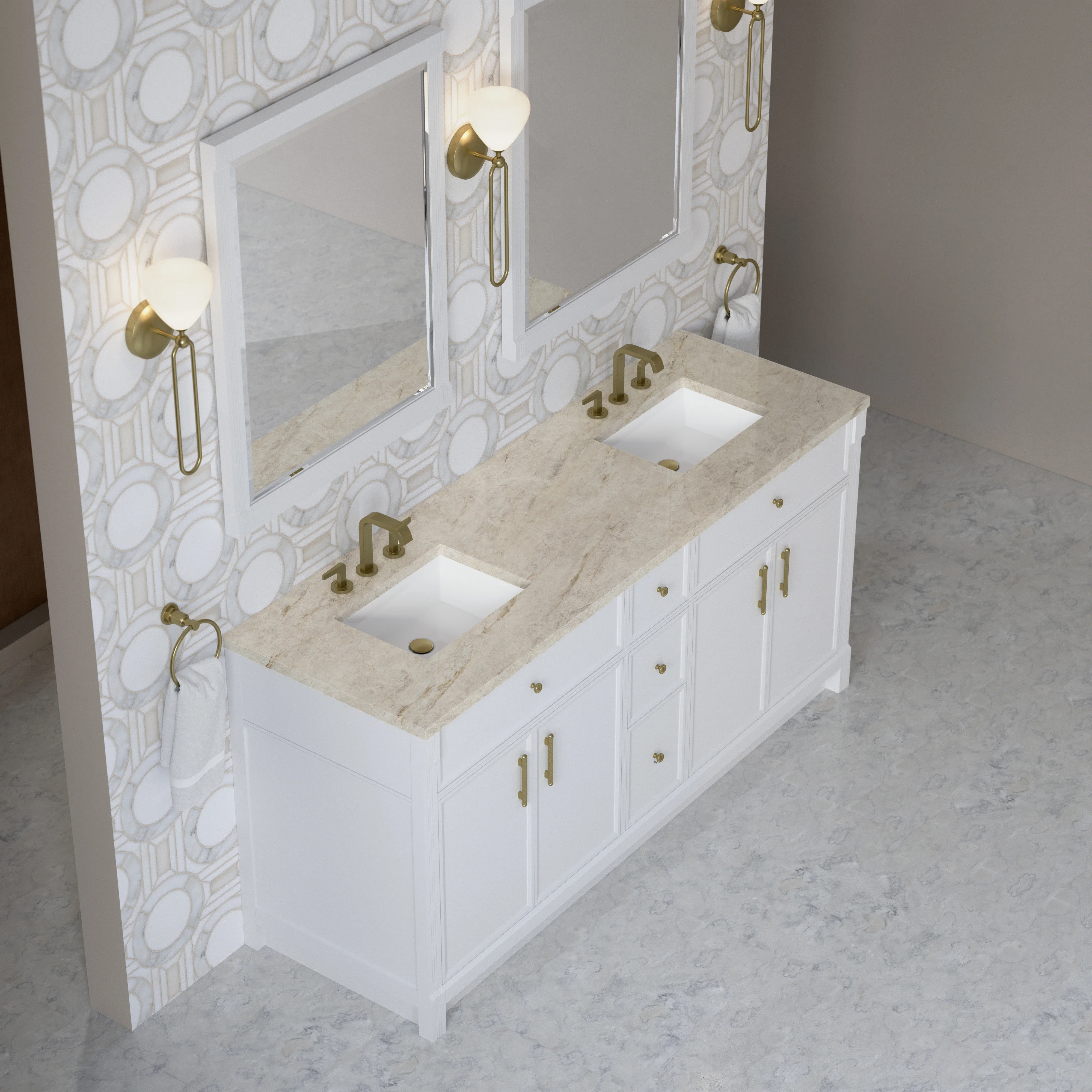 Bellshire 72" Double Vanity, Bright White w/ 3 CM Tajnar Eclos Top