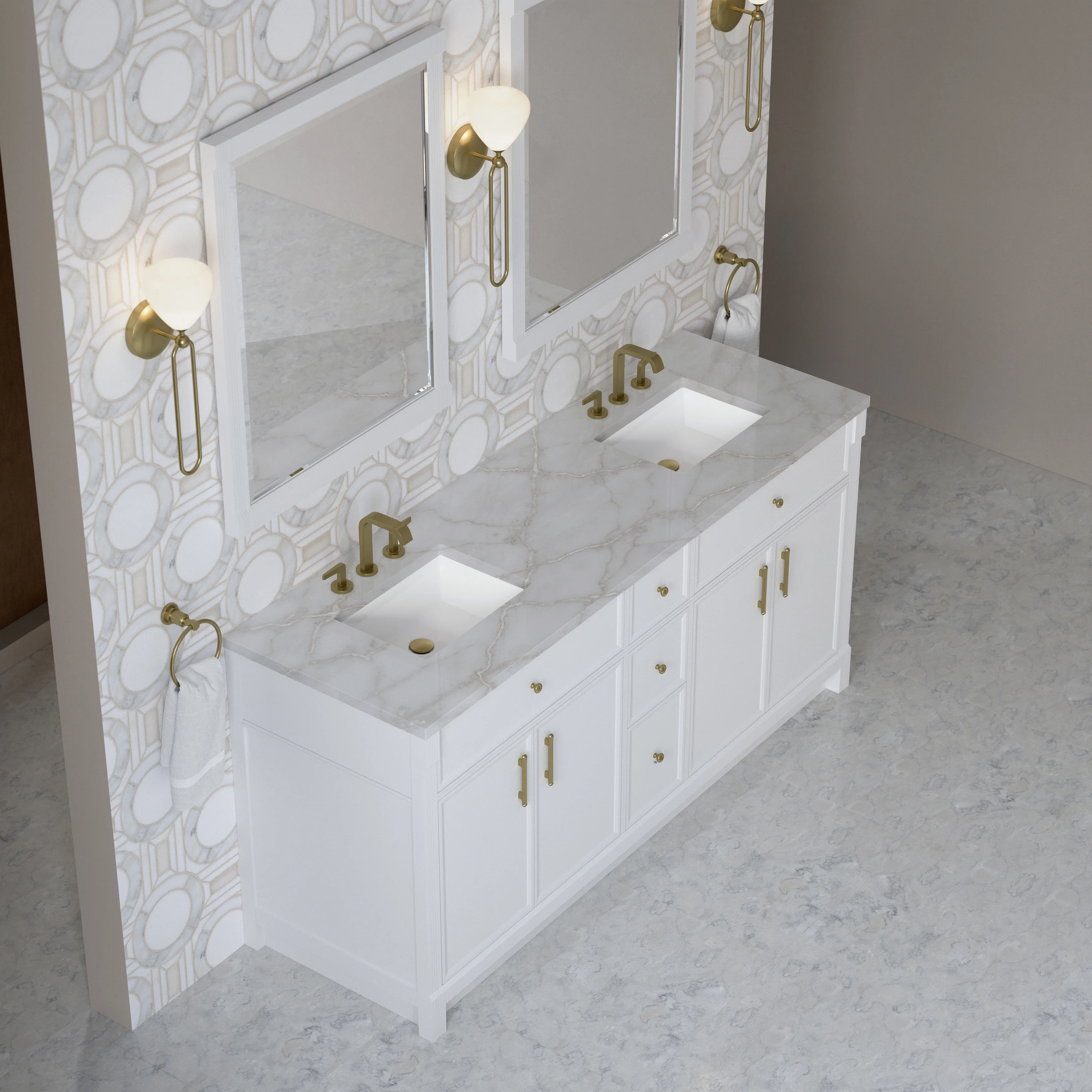 Bellshire 72" Double Vanity, Bright White w/ 3 CM Victorian Silver Silestone Top