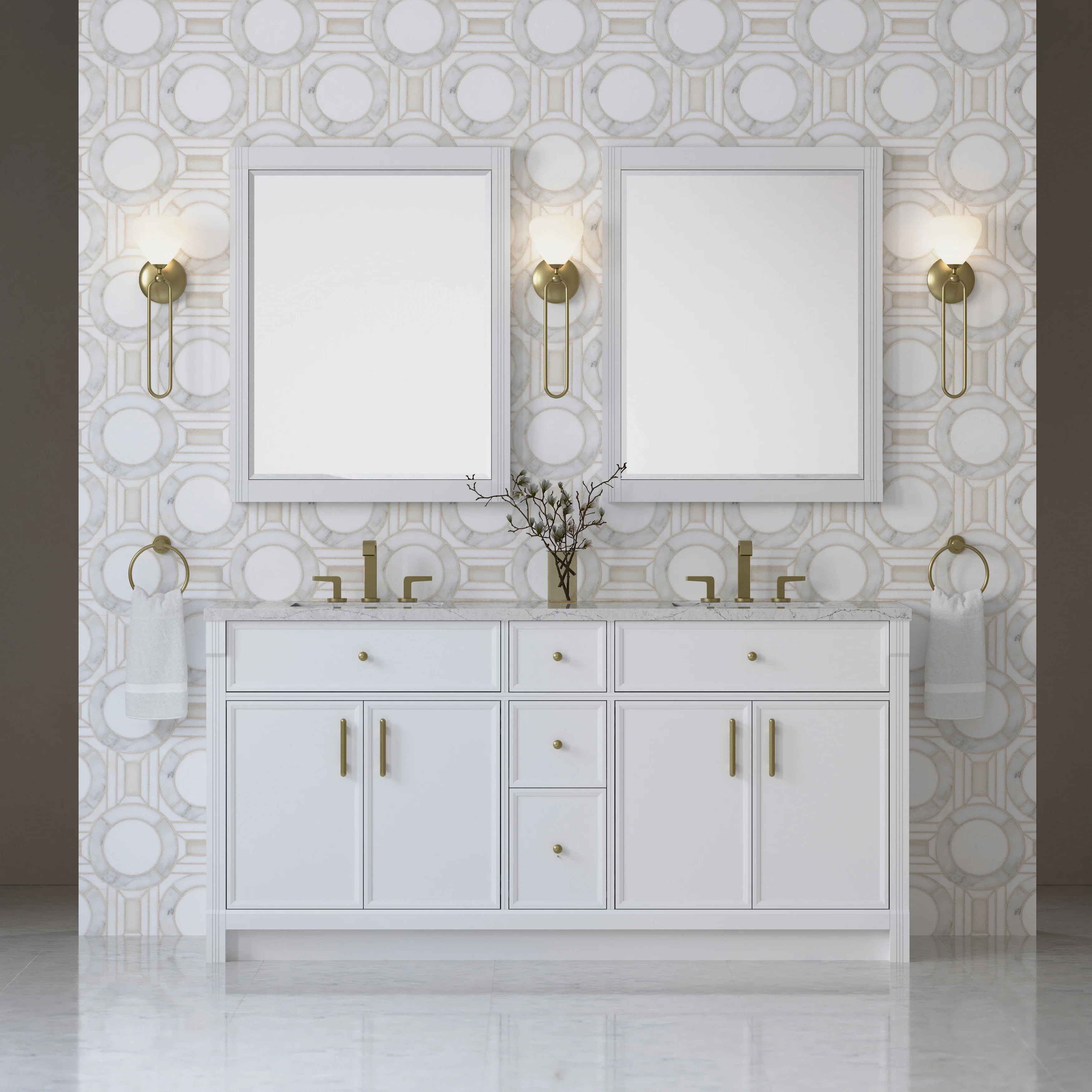 Bellshire 72" Double Vanity, Bright White w/ 3 CM Eternal Jasmine Pearl Silestone Top w/FreePower Wireless Charger