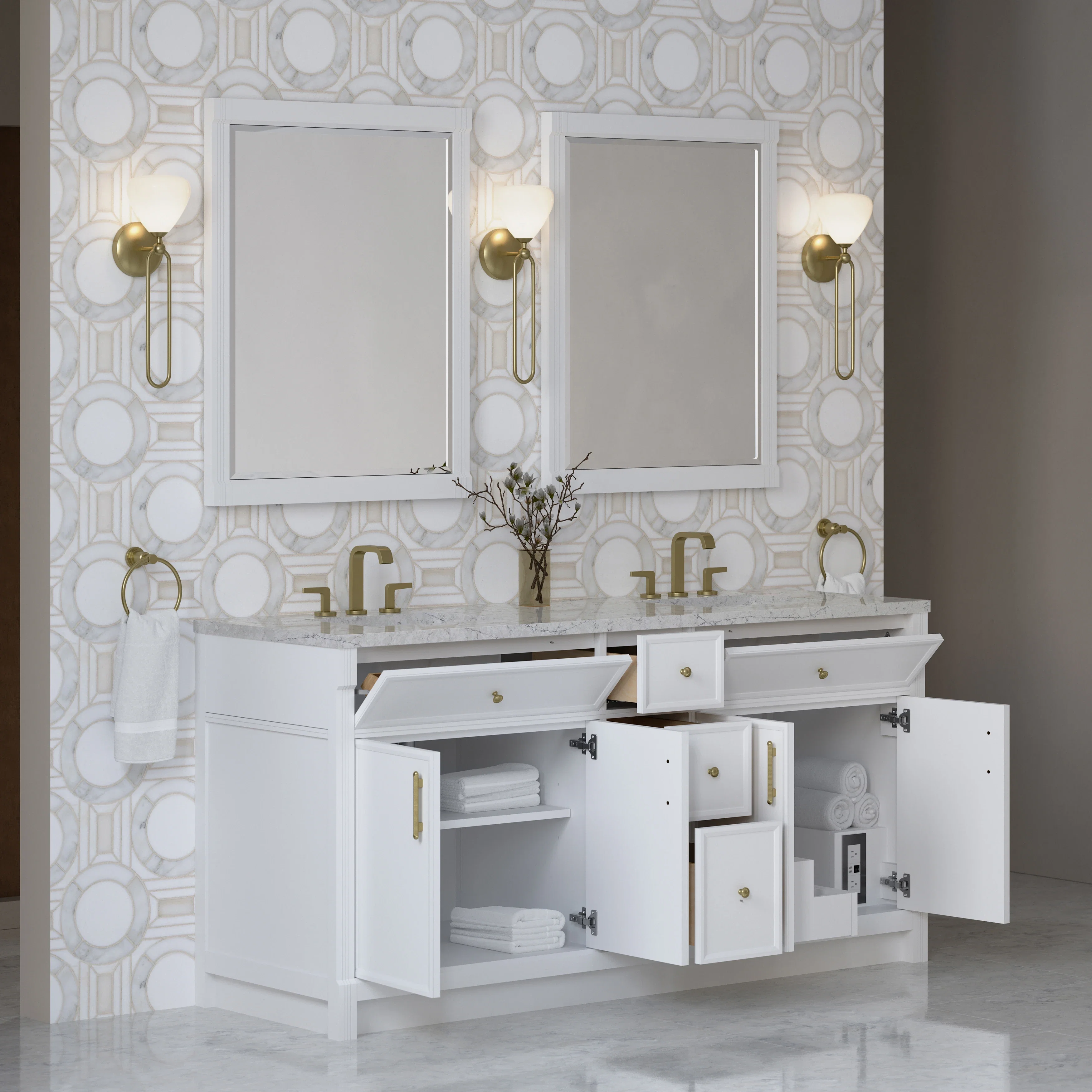Bellshire 72" Double Vanity, Bright White w/ 3 CM Eternal Jasmine Pearl Silestone Top w/FreePower Wireless Charger