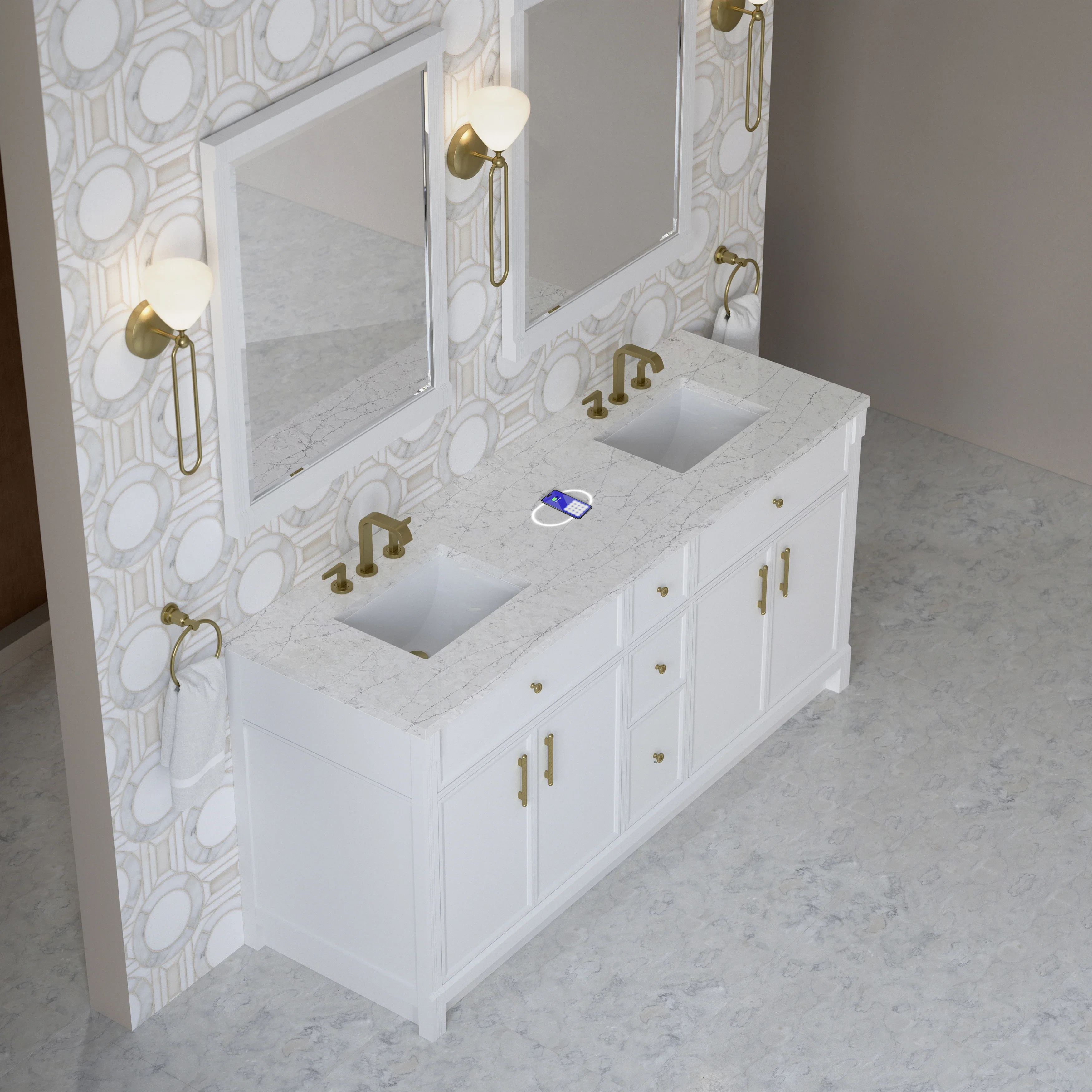 Bellshire 72" Double Vanity, Bright White w/ 3 CM Eternal Jasmine Pearl Silestone Top w/FreePower Wireless Charger