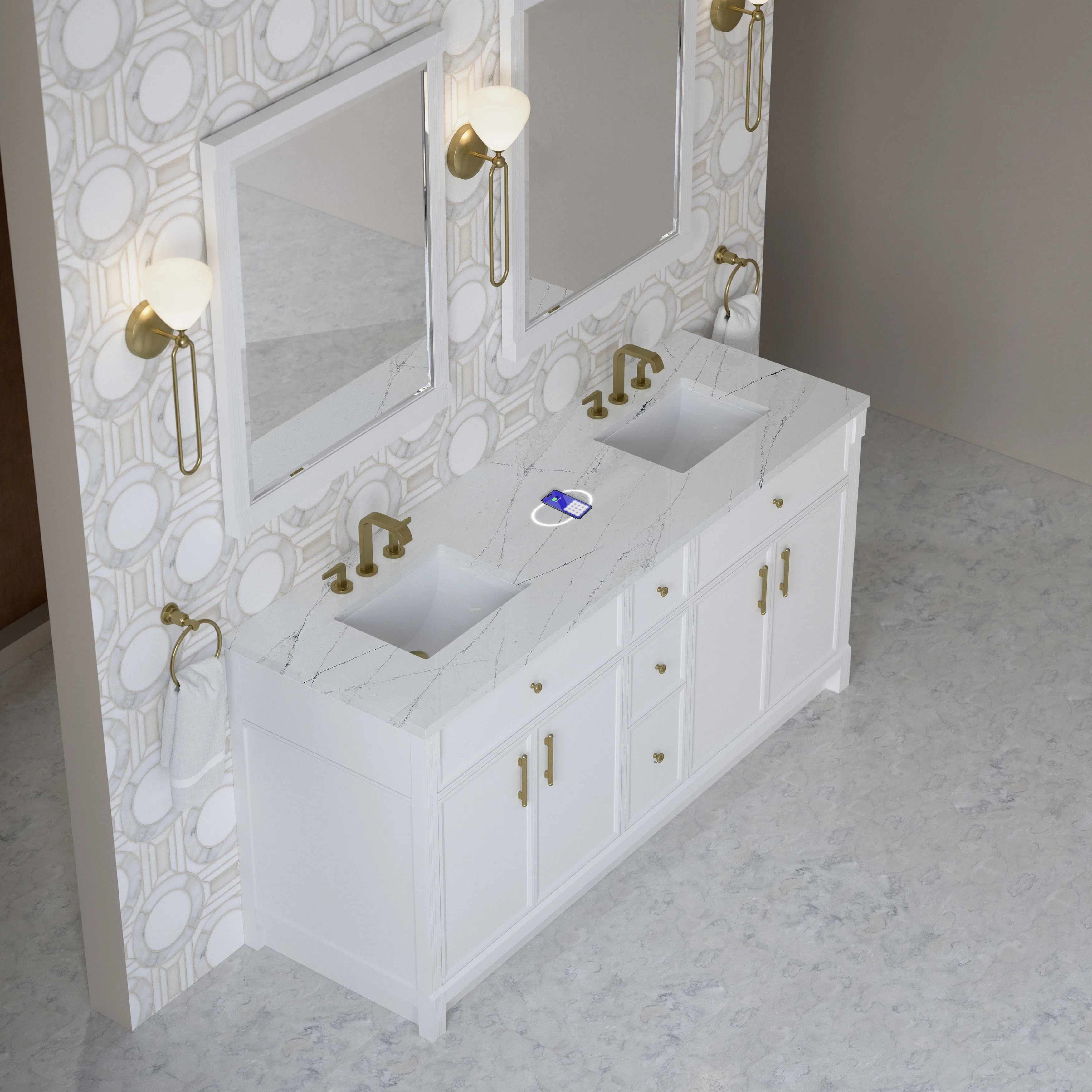 Bellshire 72" Double Vanity, Bright White w/ 3 CM Ethereal Noctis Silestone Top w/FreePower Wireless Charger