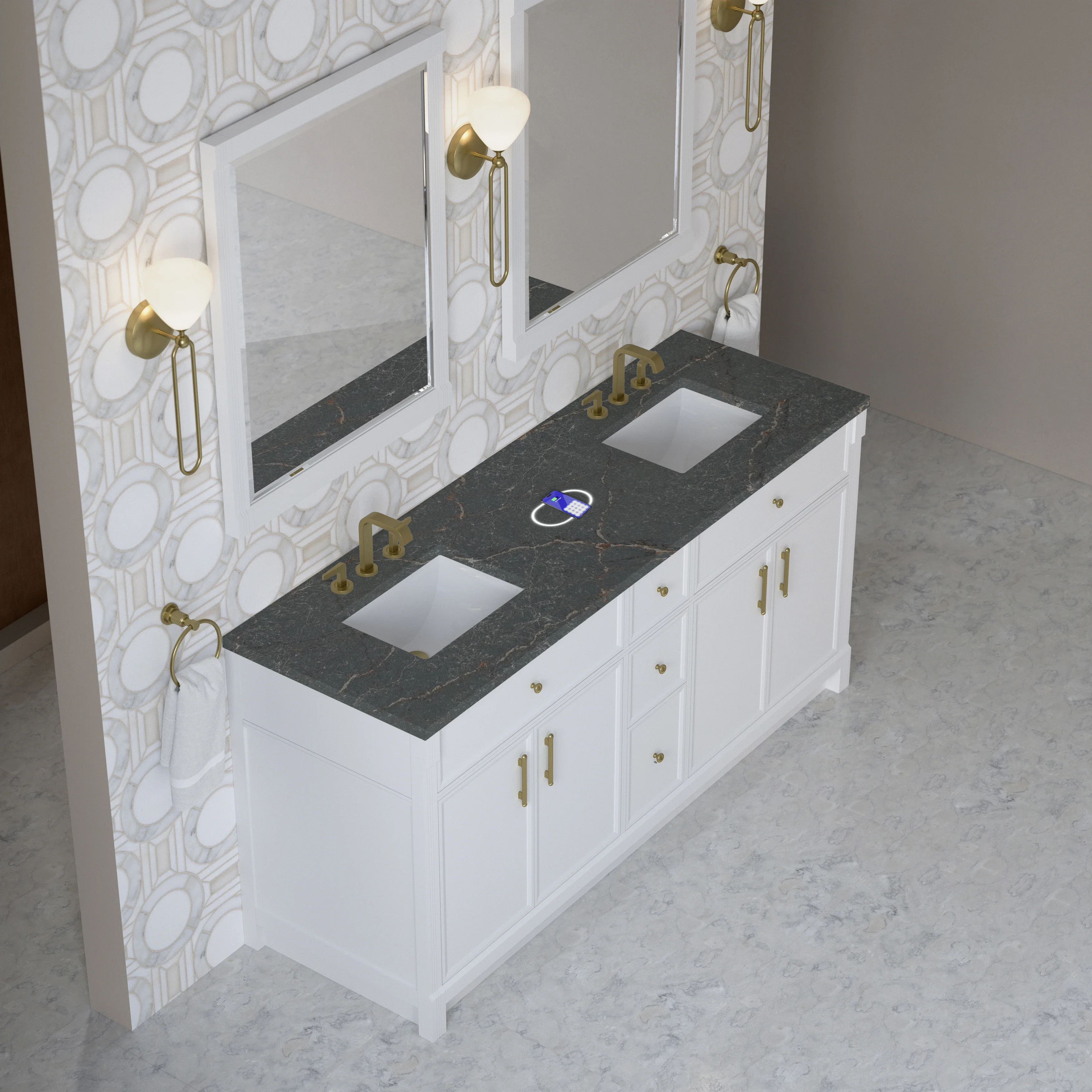 Bellshire 72" Double Vanity, Bright White w/ 3 CM Parisien Bleu Silestone Top w/FreePower Wireless Charger