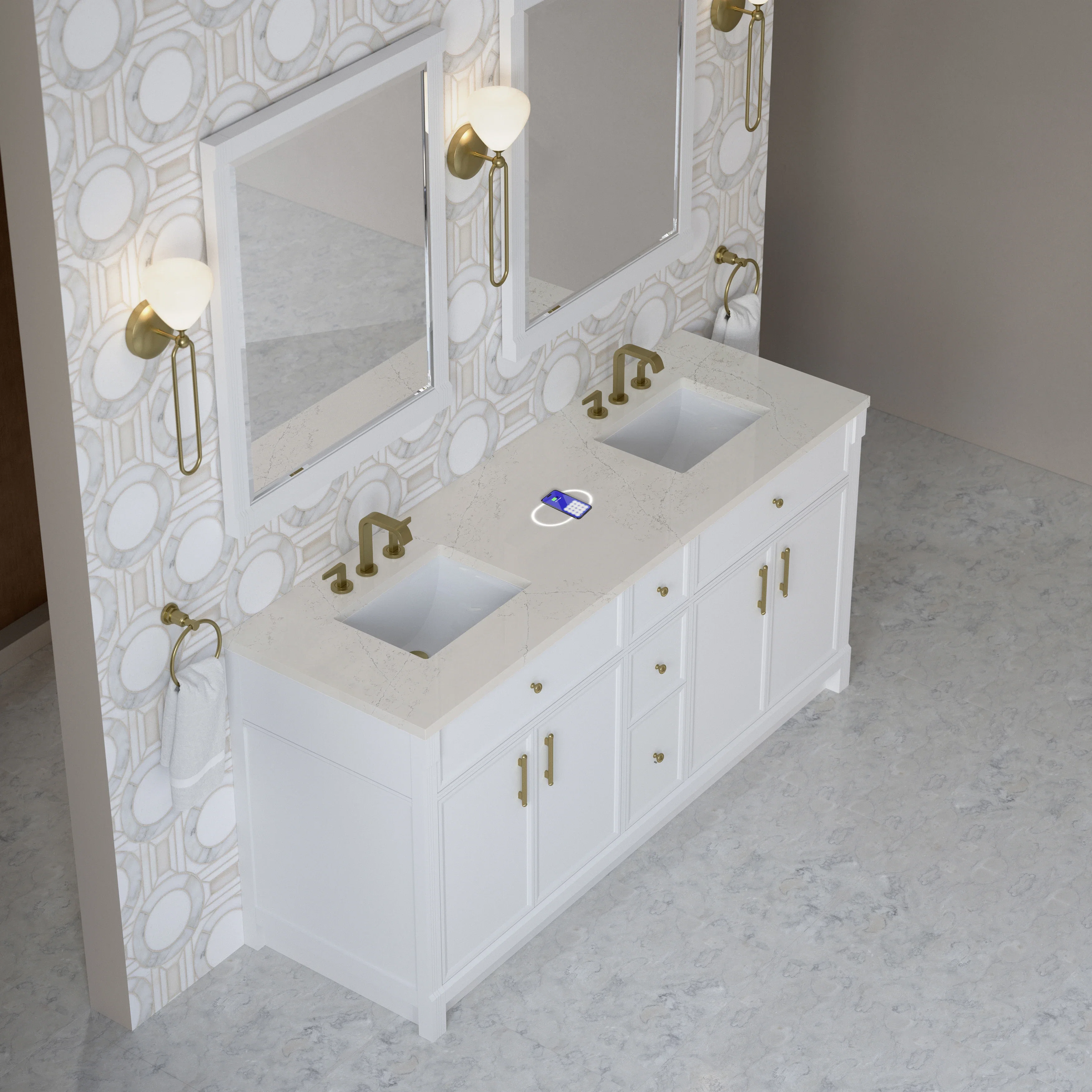 Bellshire 72" Double Vanity, Bright White w/ 3 CM Siberian Silestone Top w/FreePower Wireless Charger