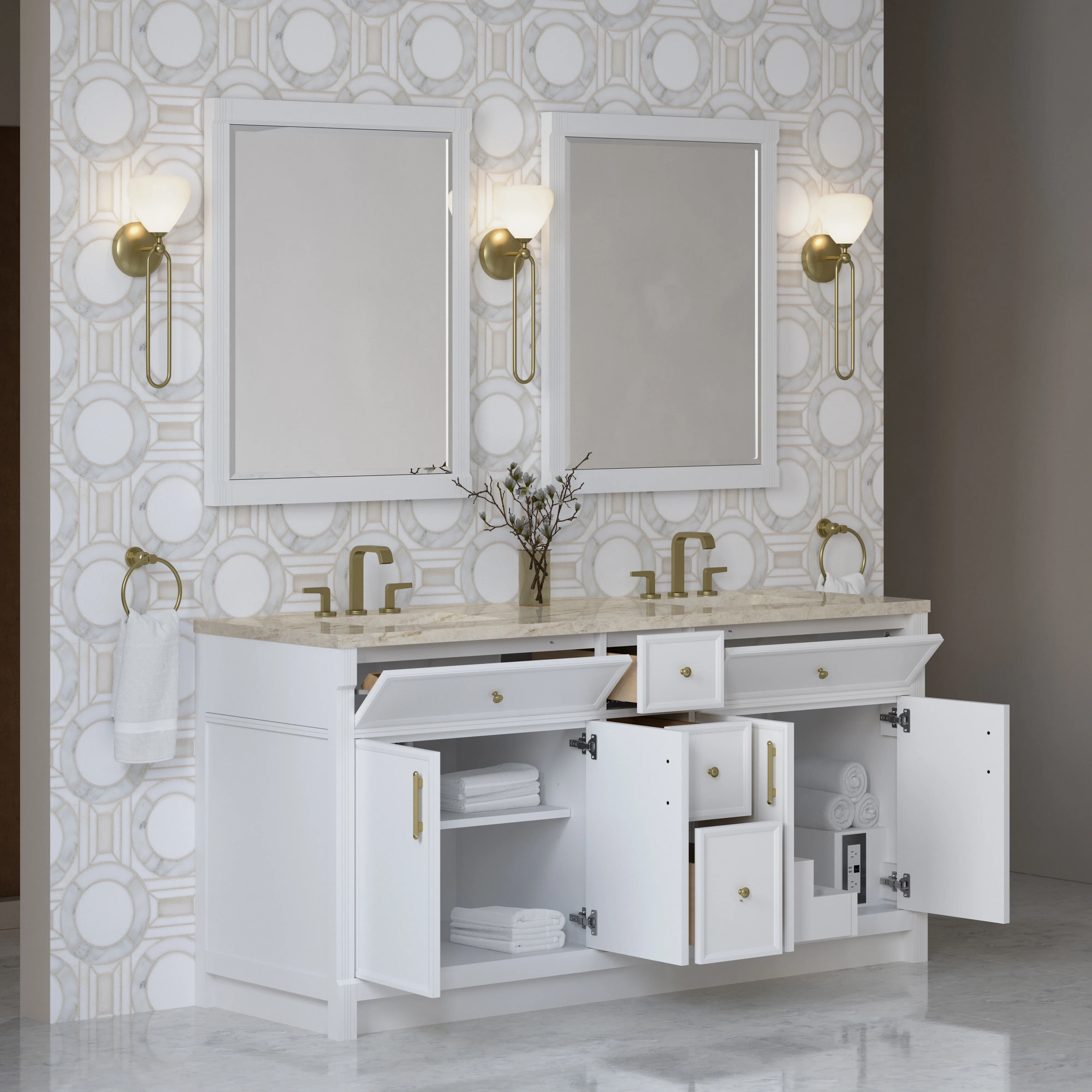 Bellshire 72" Double Vanity, Bright White w/ 3 CM Tajnar Eclos Top w/FreePower Wireless Charger