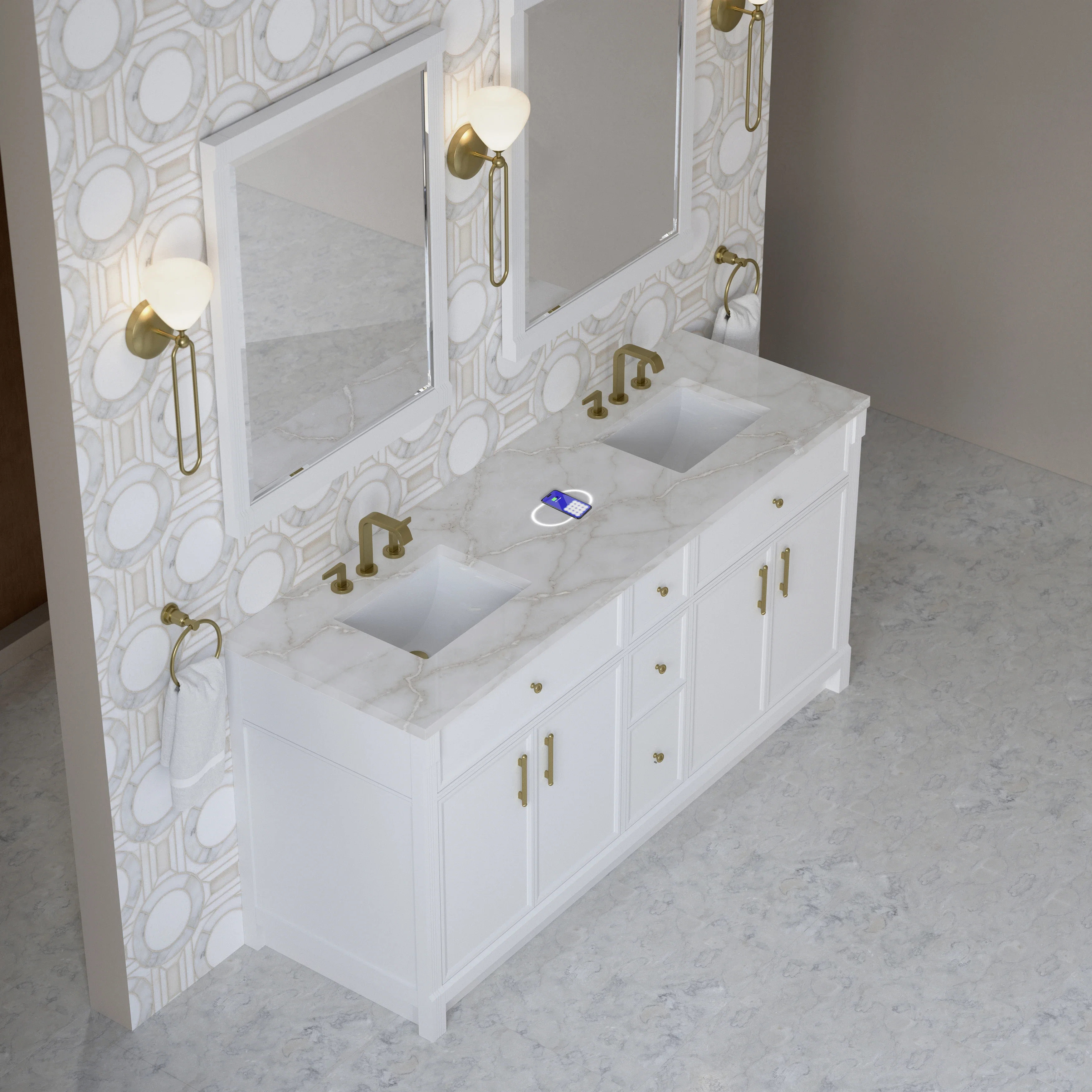 Bellshire 72" Double Vanity, Bright White w/ 3 CM Victorian Silver Silestone Top w/FreePower Wireless Charger