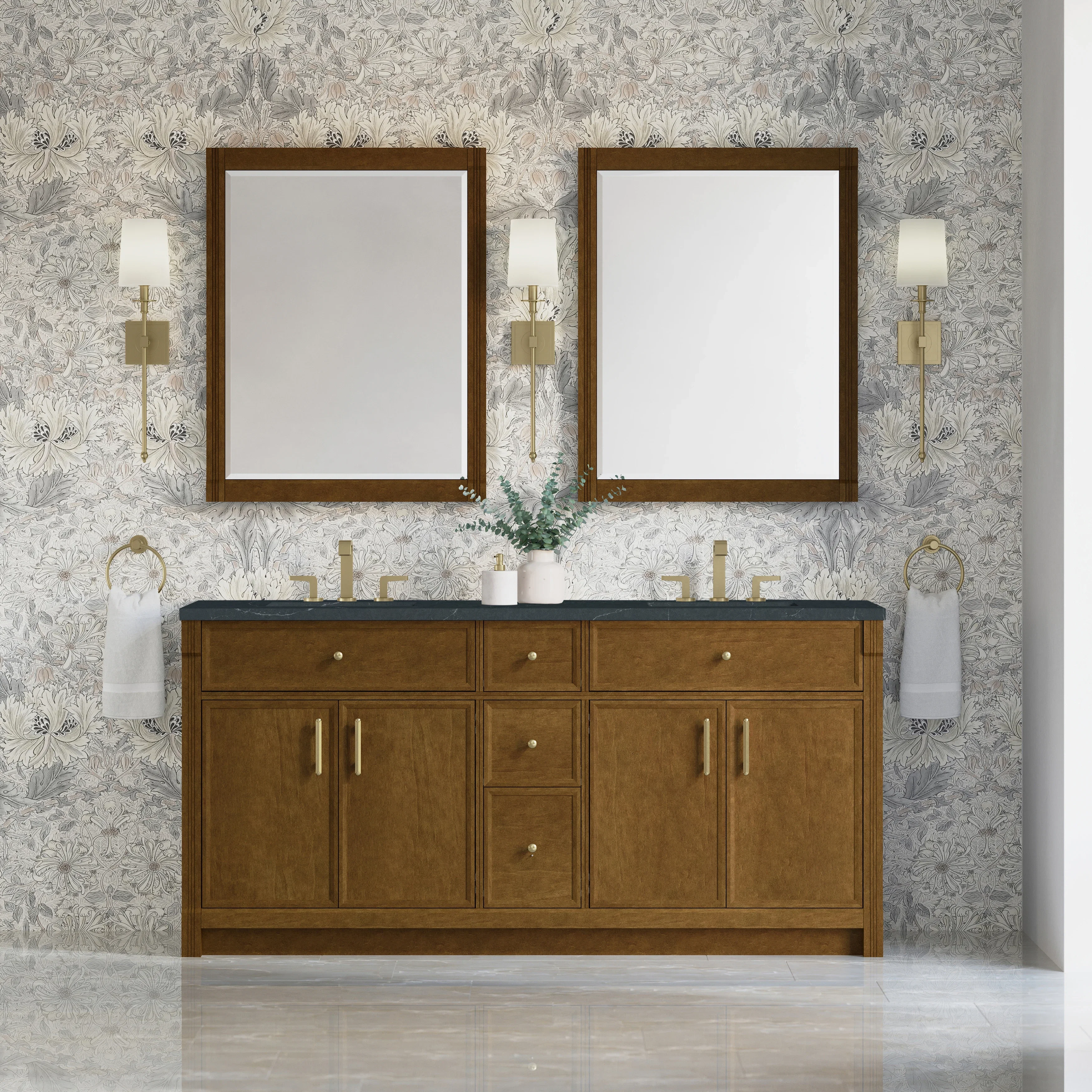 Bellshire 72" Double Vanity, Honey Oak w/ 3 CM Charcoal Soapstone Silestone Top