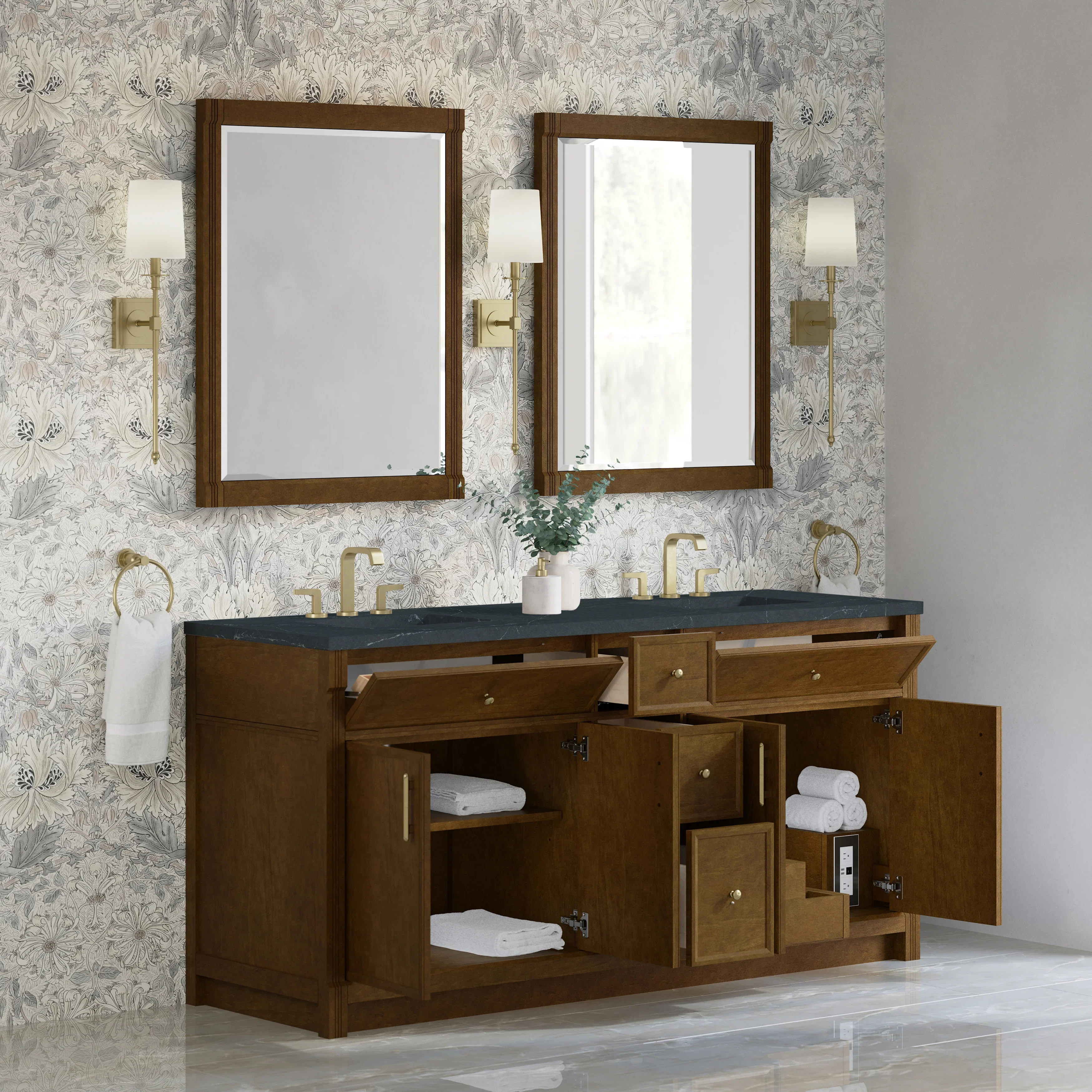 Bellshire 72" Double Vanity, Honey Oak w/ 3 CM Charcoal Soapstone Silestone Top
