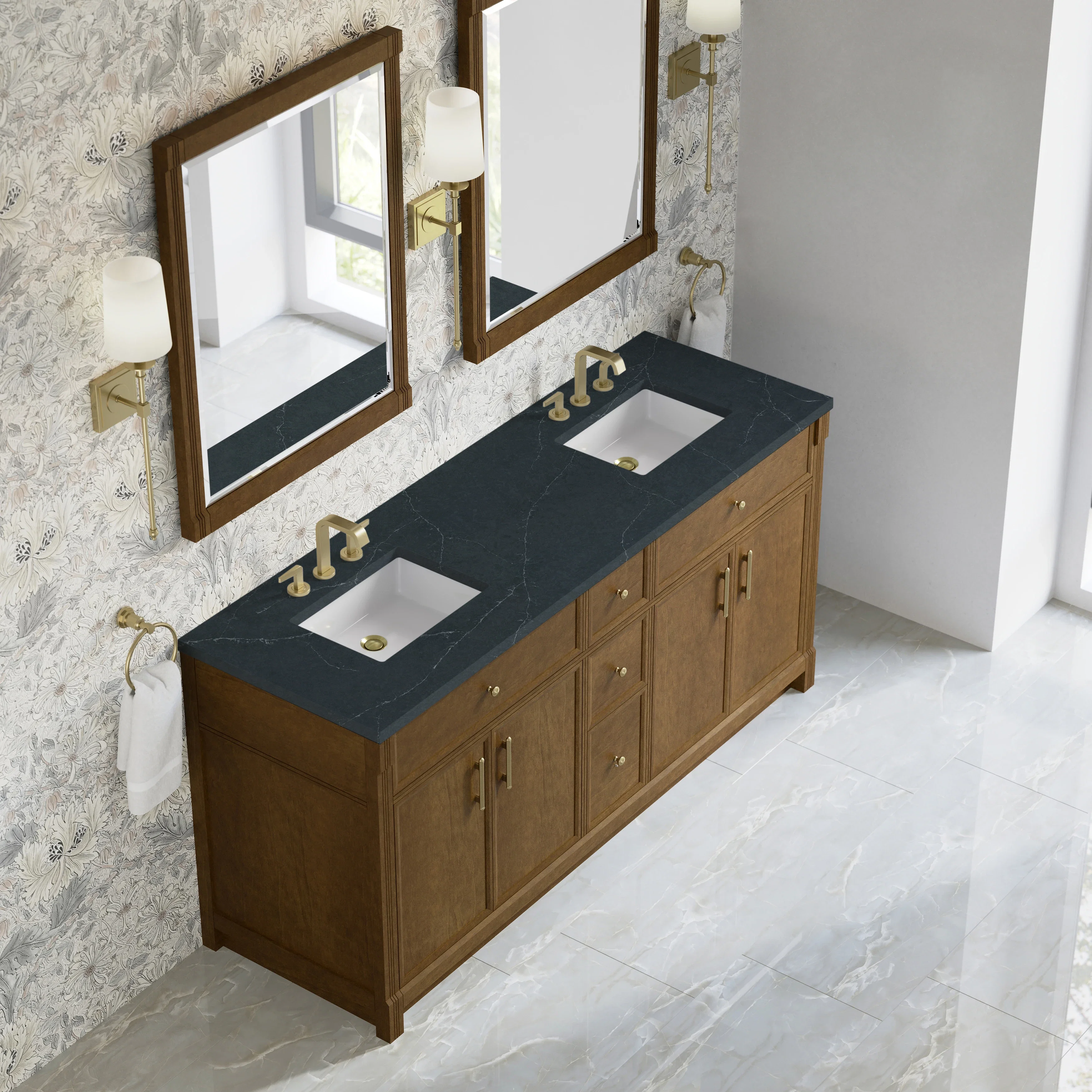 Bellshire 72" Double Vanity, Honey Oak w/ 3 CM Charcoal Soapstone Silestone Top