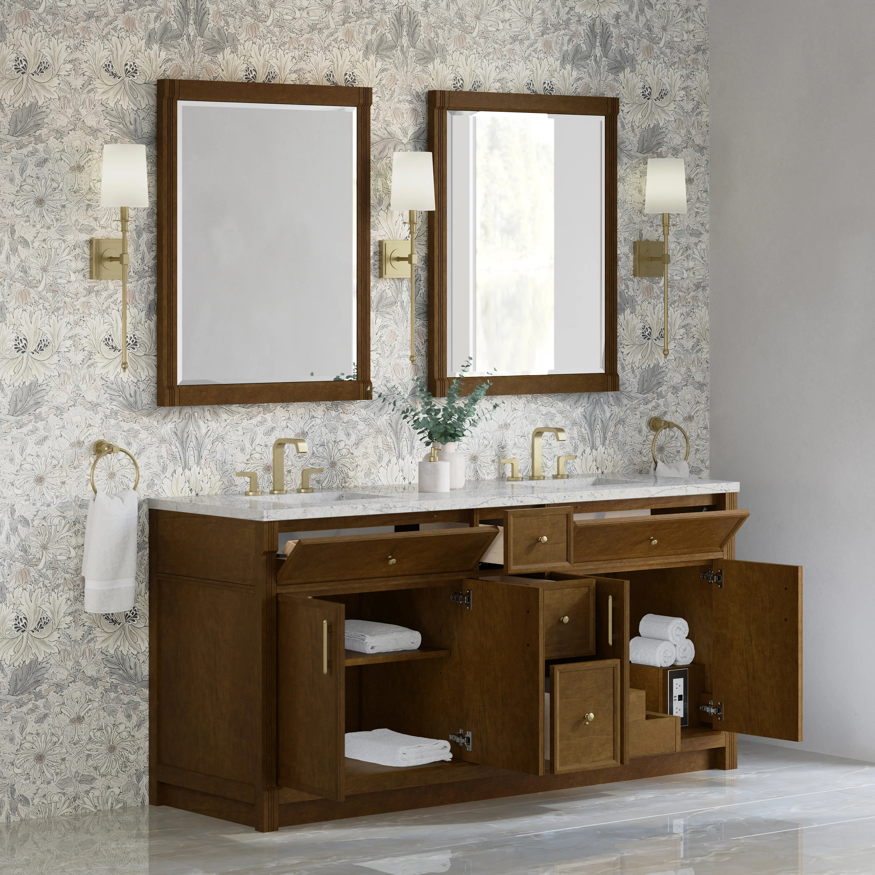 Bellshire 72" Double Vanity, Honey Oak w/ 3 CM Eternal Jasmine Pearl Silestone Top