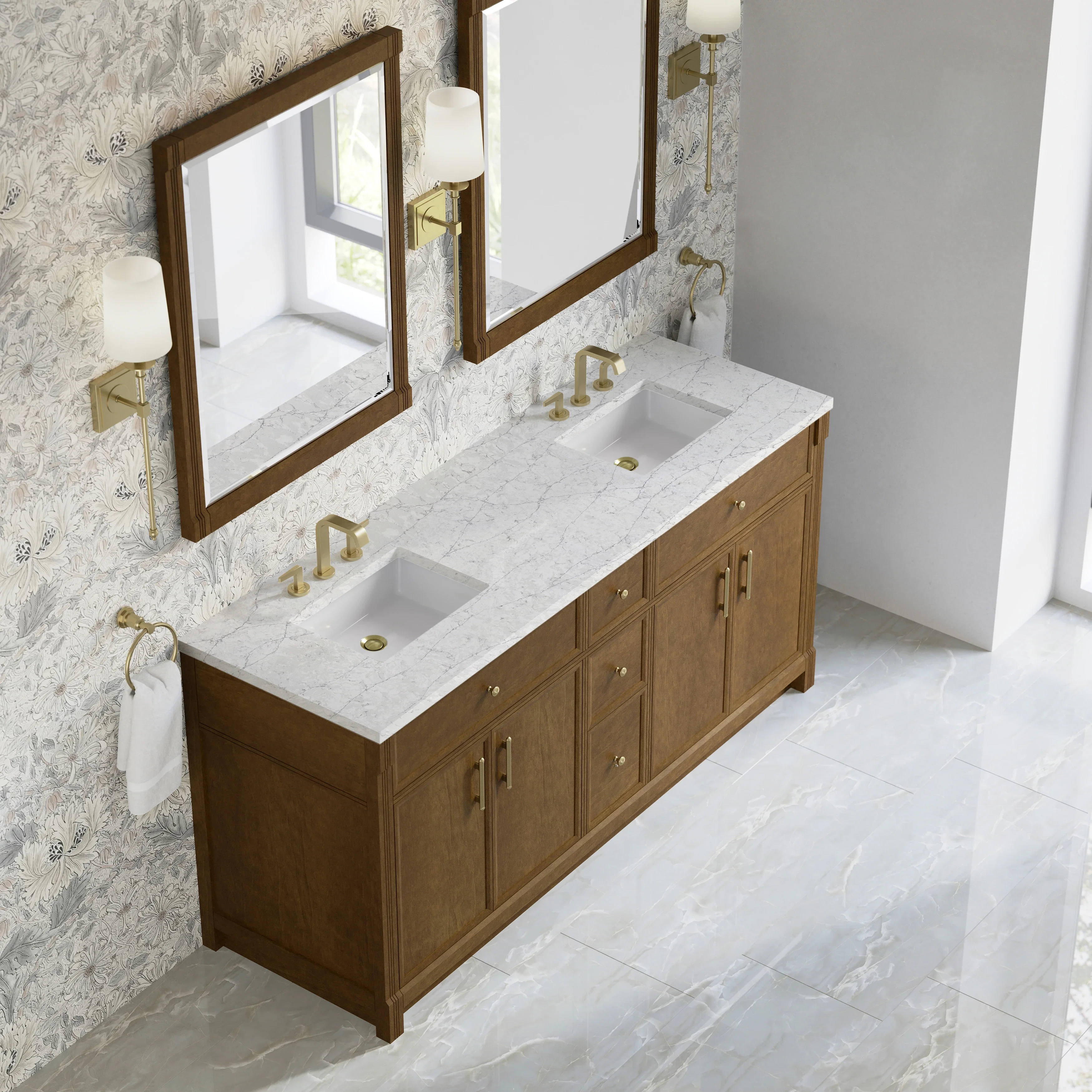 Bellshire 72" Double Vanity, Honey Oak w/ 3 CM Eternal Jasmine Pearl Silestone Top