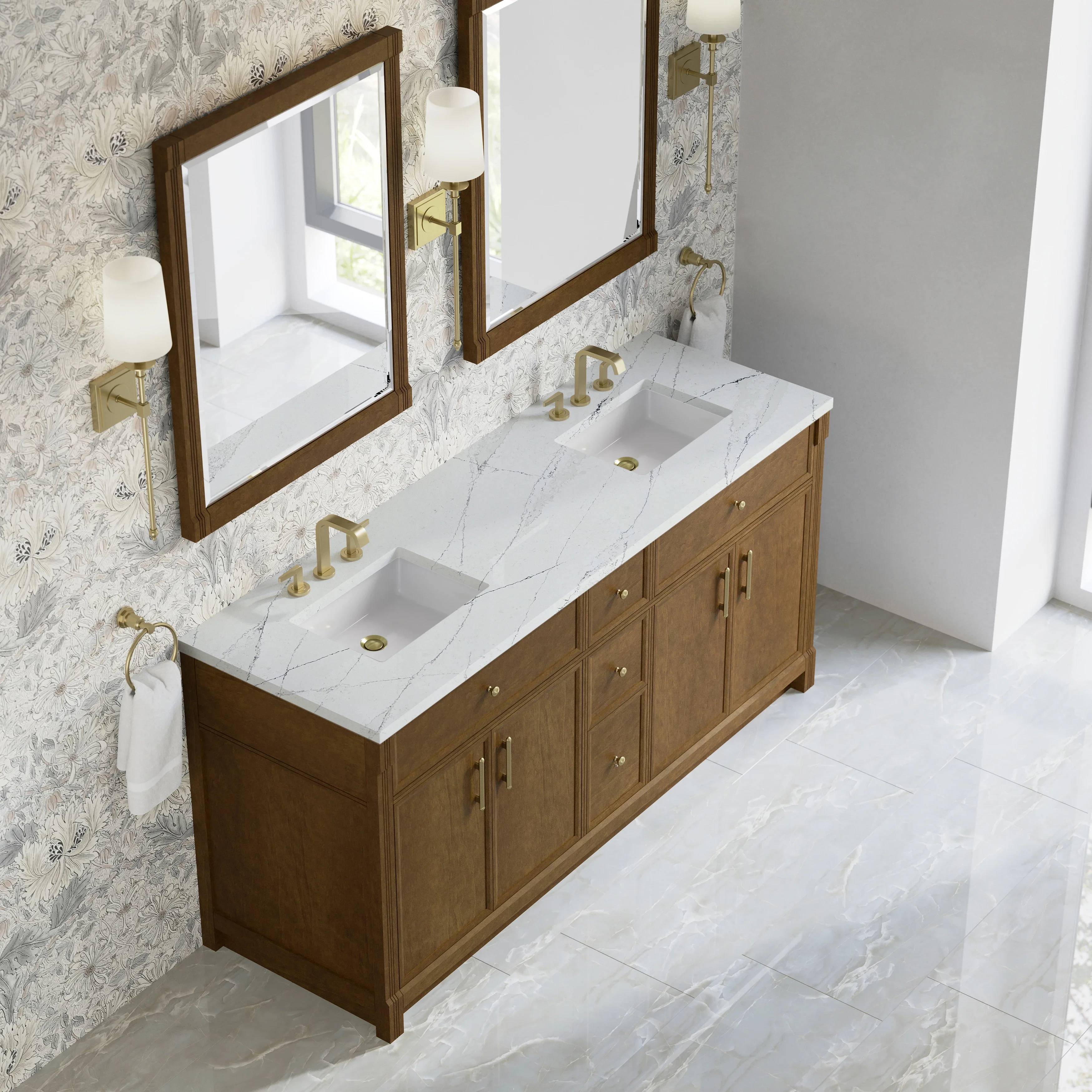 Bellshire 72" Double Vanity, Honey Oak w/ 3 CM Ethereal Noctis Silestone Top