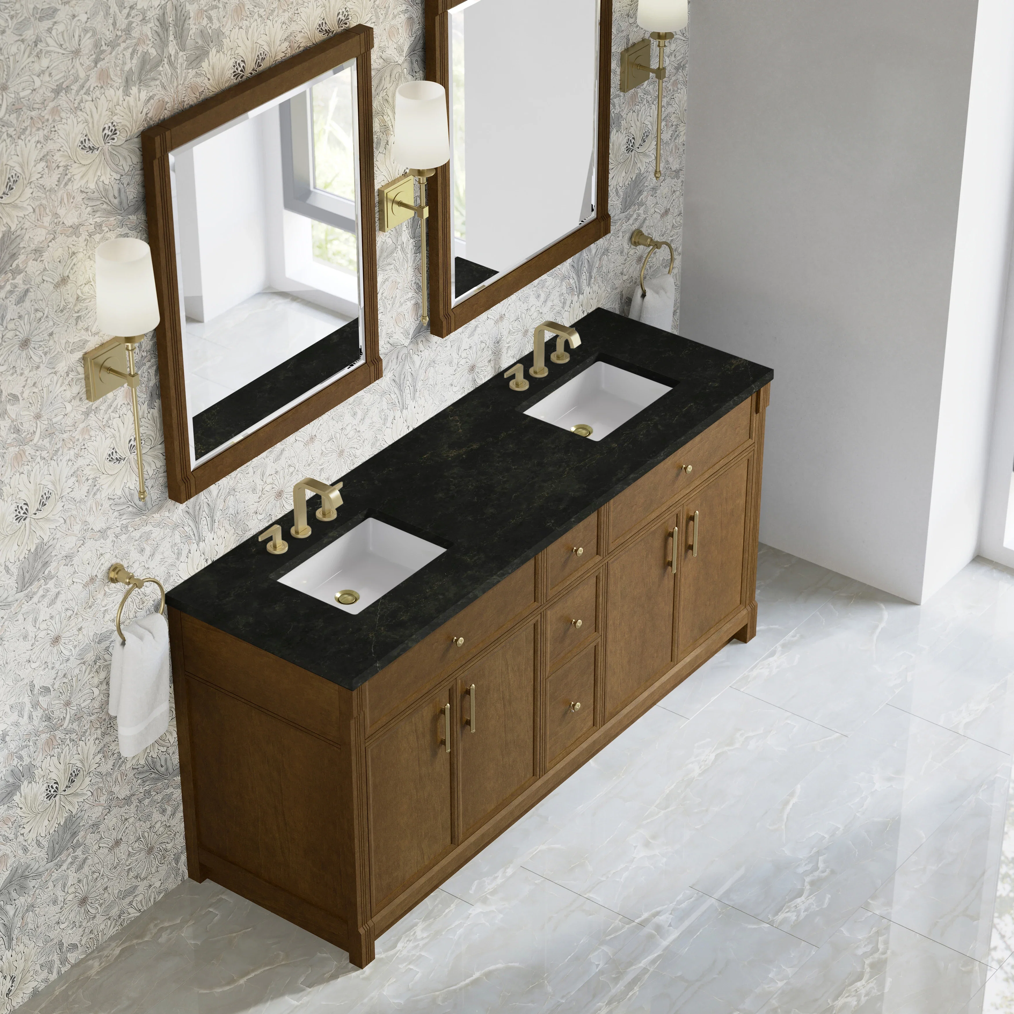 Bellshire 72" Double Vanity, Honey Oak w/ 3 CM Phantome Eclos Top