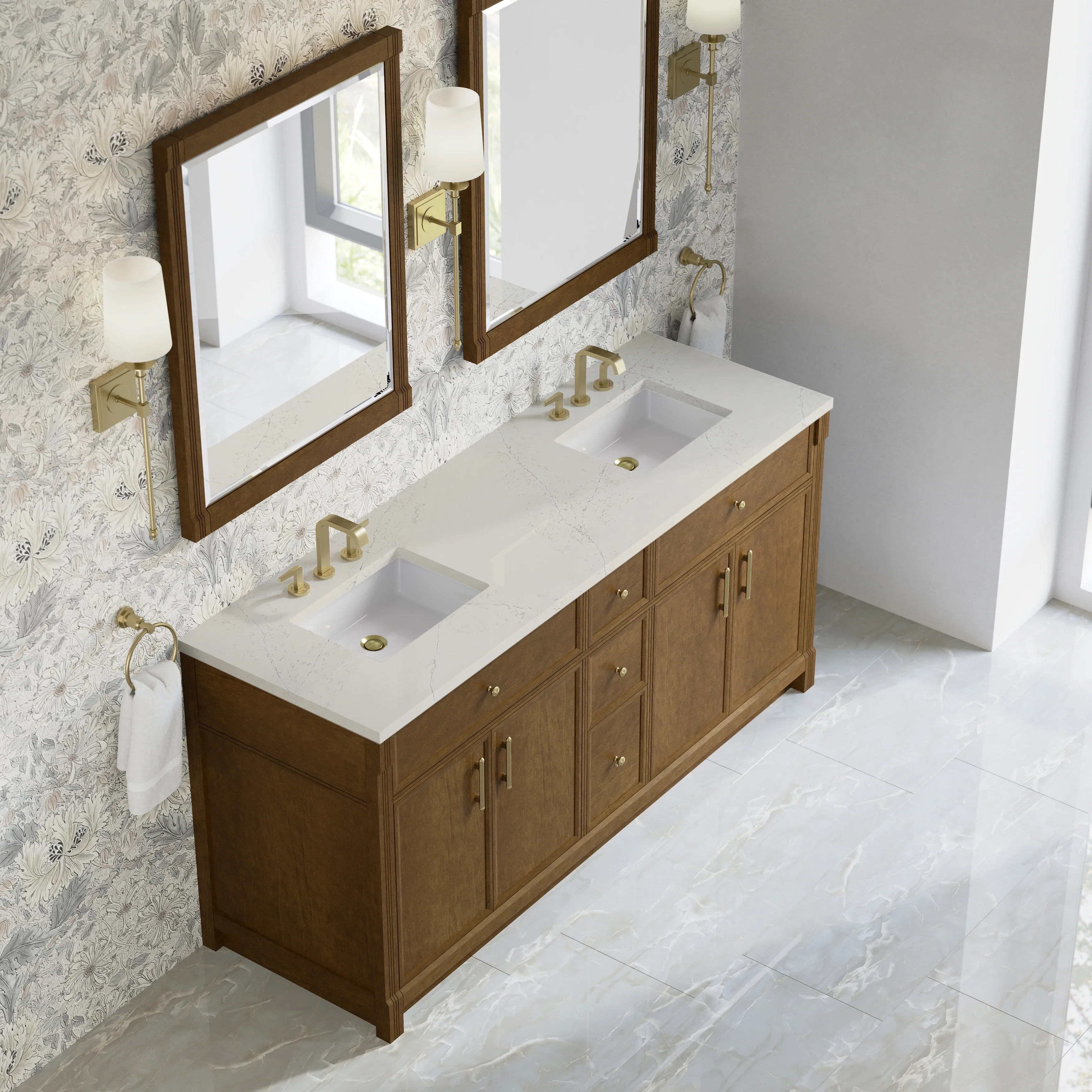 Bellshire 72" Double Vanity, Honey Oak w/ 3 CM Siberian Silestone Top