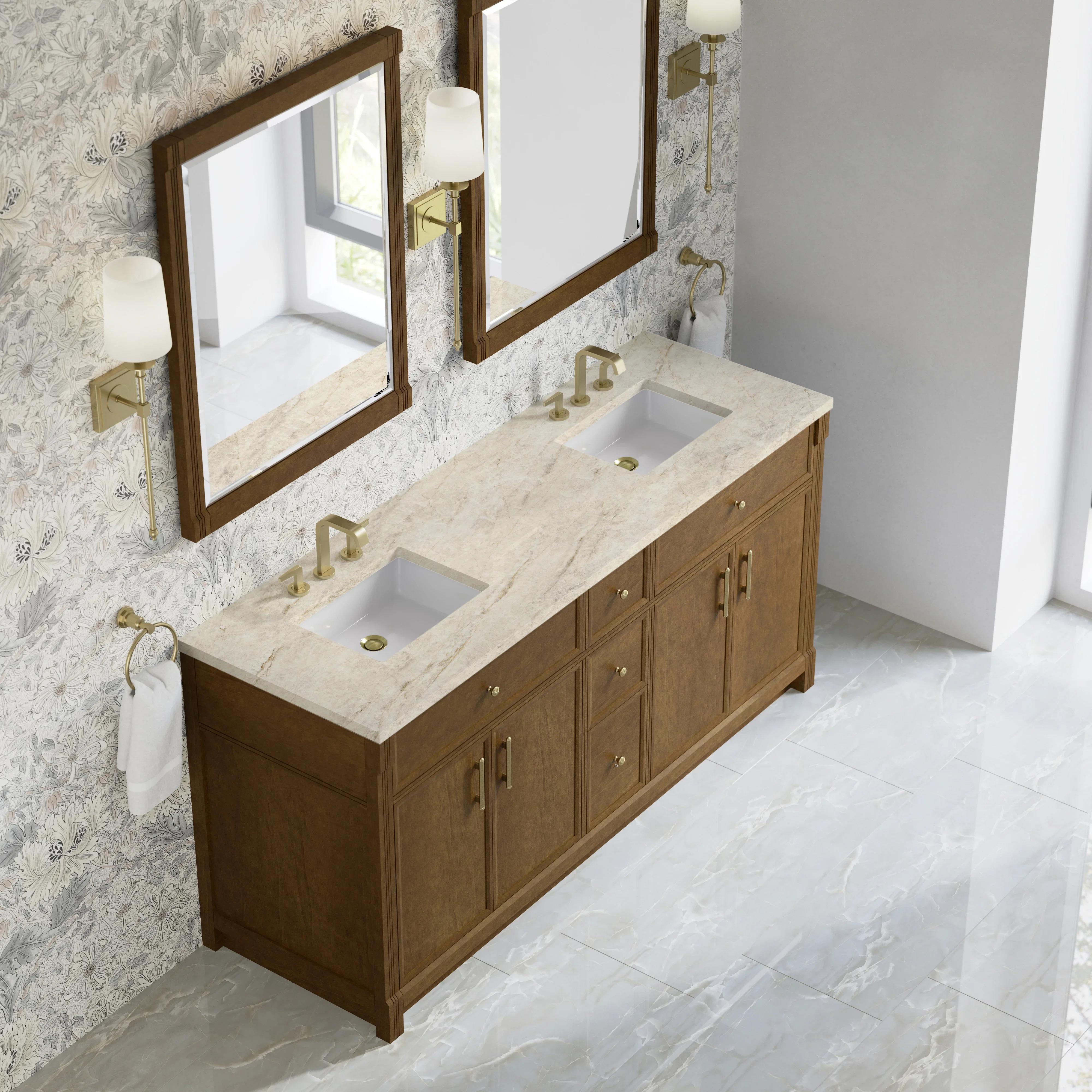 Bellshire 72" Double Vanity, Honey Oak w/ 3 CM Tajnar Eclos Top