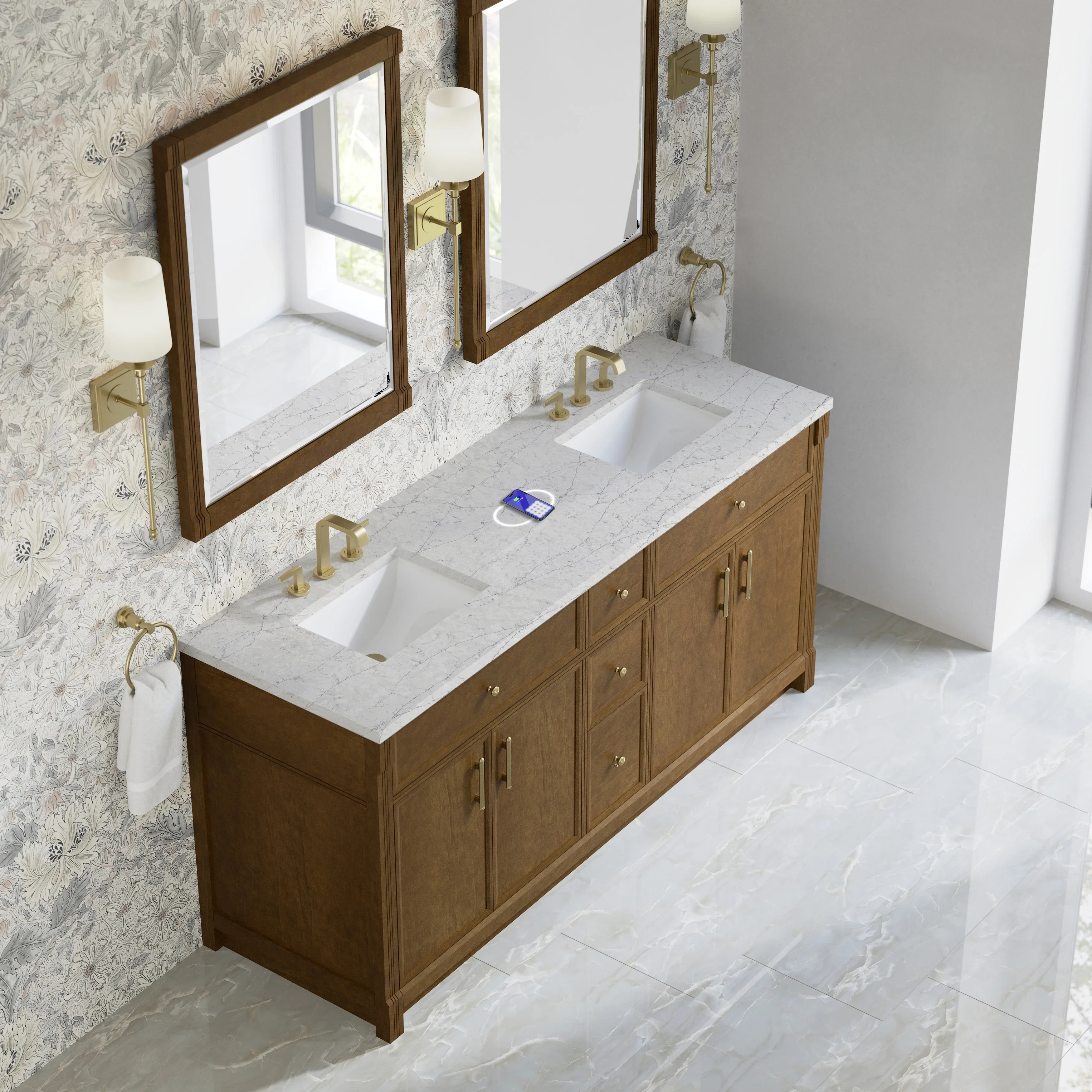Bellshire 72" Double Vanity, Honey Oak w/ 3 CM Eternal Jasmine Pearl Silestone Top w/FreePower Wireless Charger