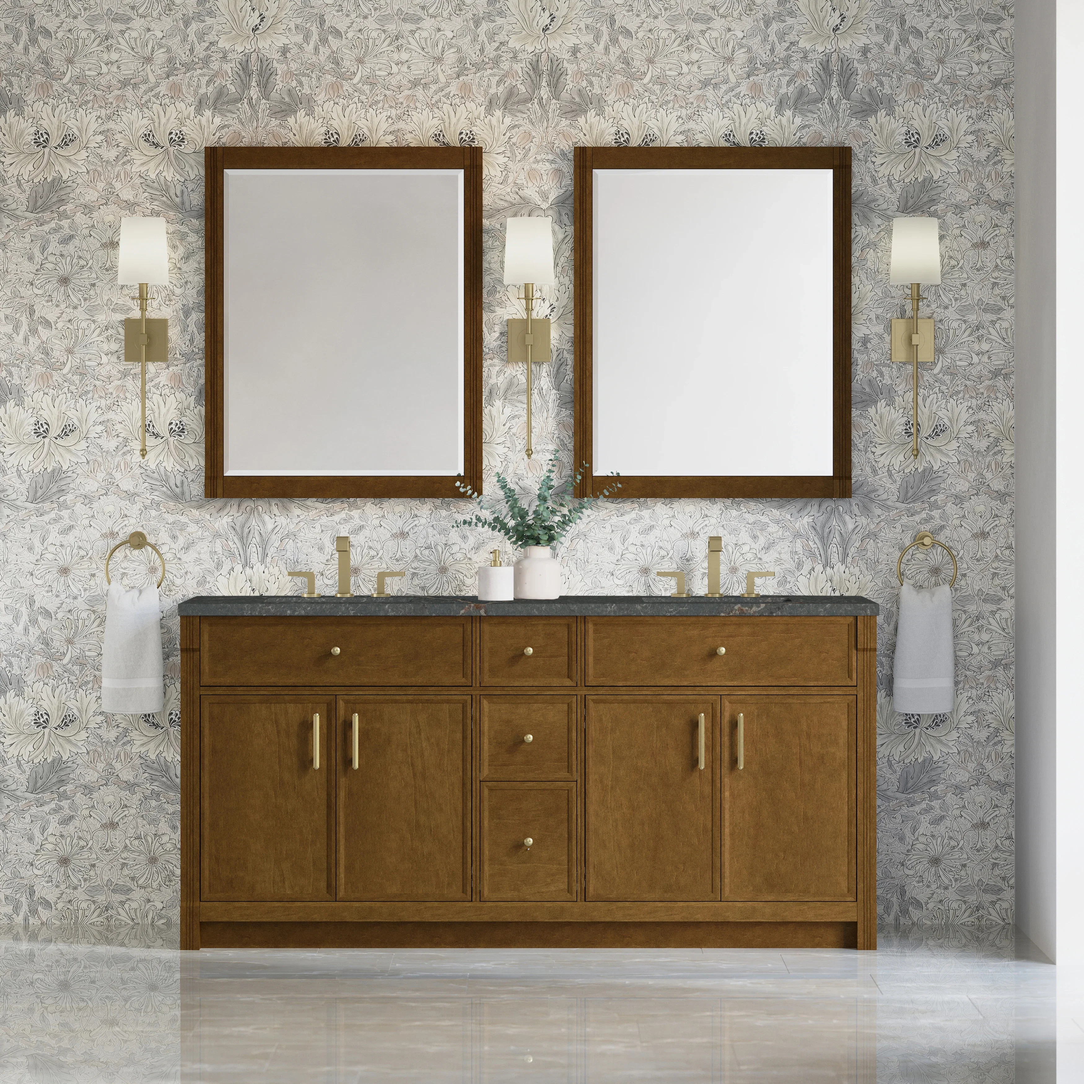 Bellshire 72" Double Vanity, Honey Oak w/ 3 CM Parisien Bleu Silestone Top w/FreePower Wireless Charger