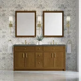 Bellshire 72" Double Vanity, Honey Oak w/ 3 CM Parisien Bleu Silestone Top w/FreePower Wireless Charger
