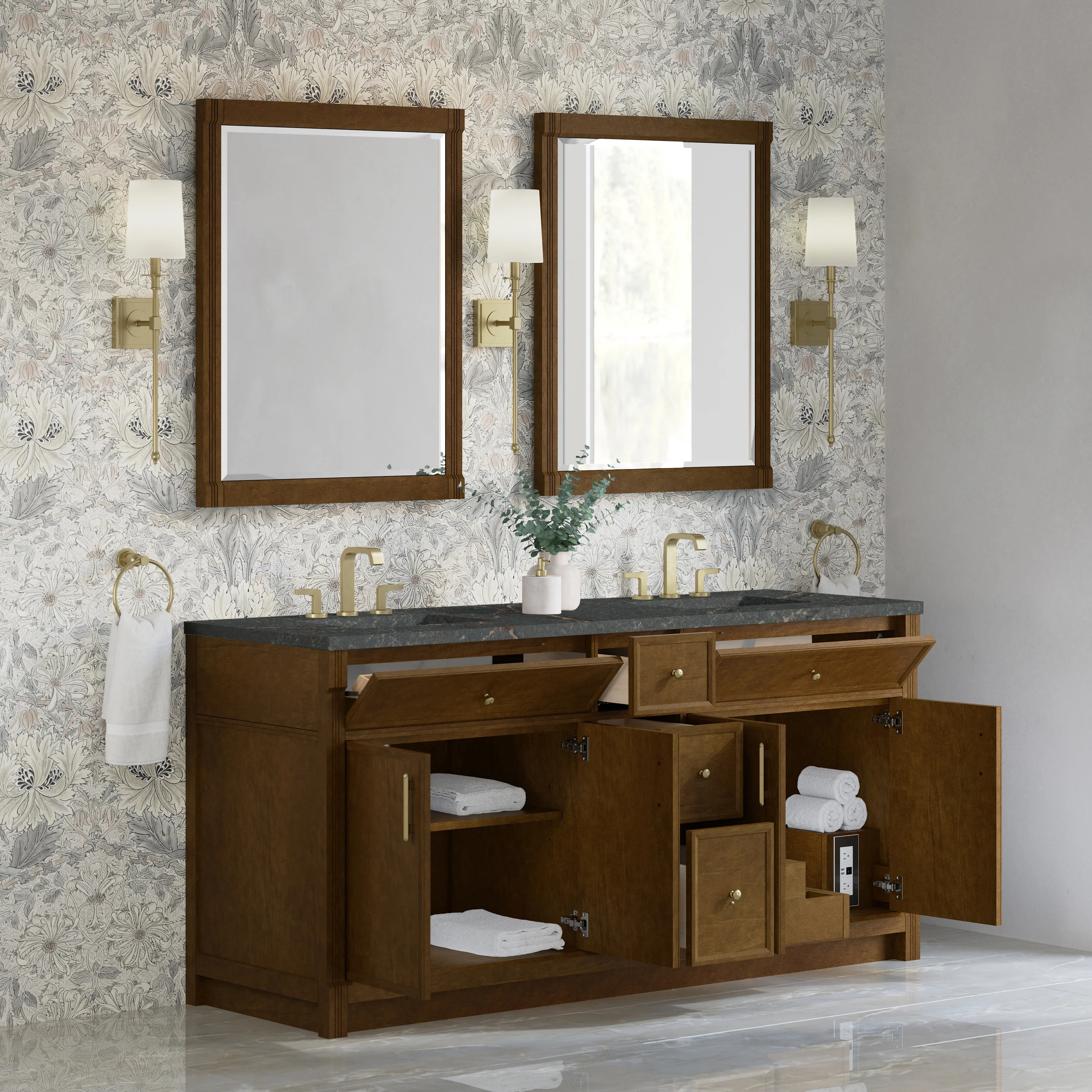 Bellshire 72" Double Vanity, Honey Oak w/ 3 CM Parisien Bleu Silestone Top w/FreePower Wireless Charger