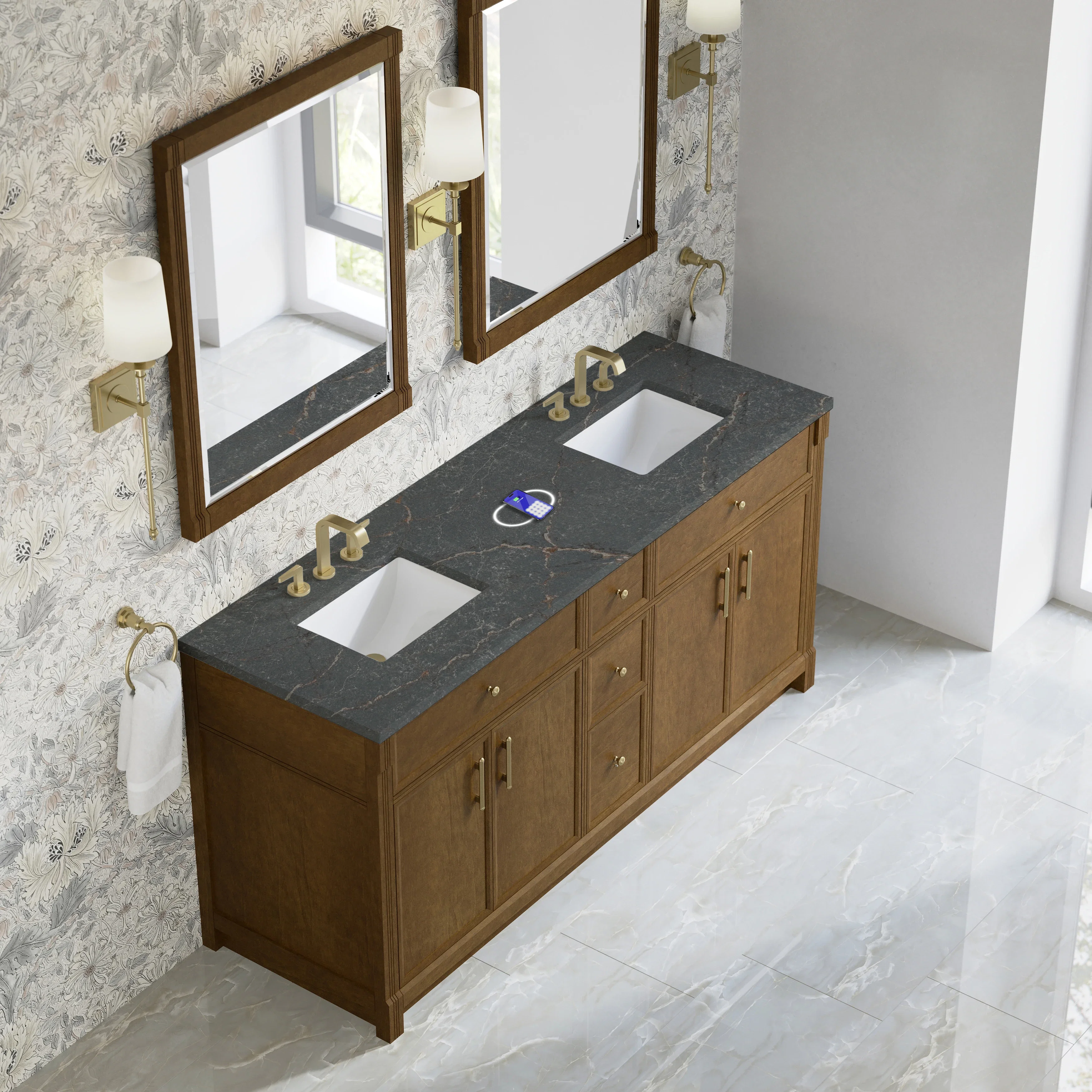 Bellshire 72" Double Vanity, Honey Oak w/ 3 CM Parisien Bleu Silestone Top w/FreePower Wireless Charger
