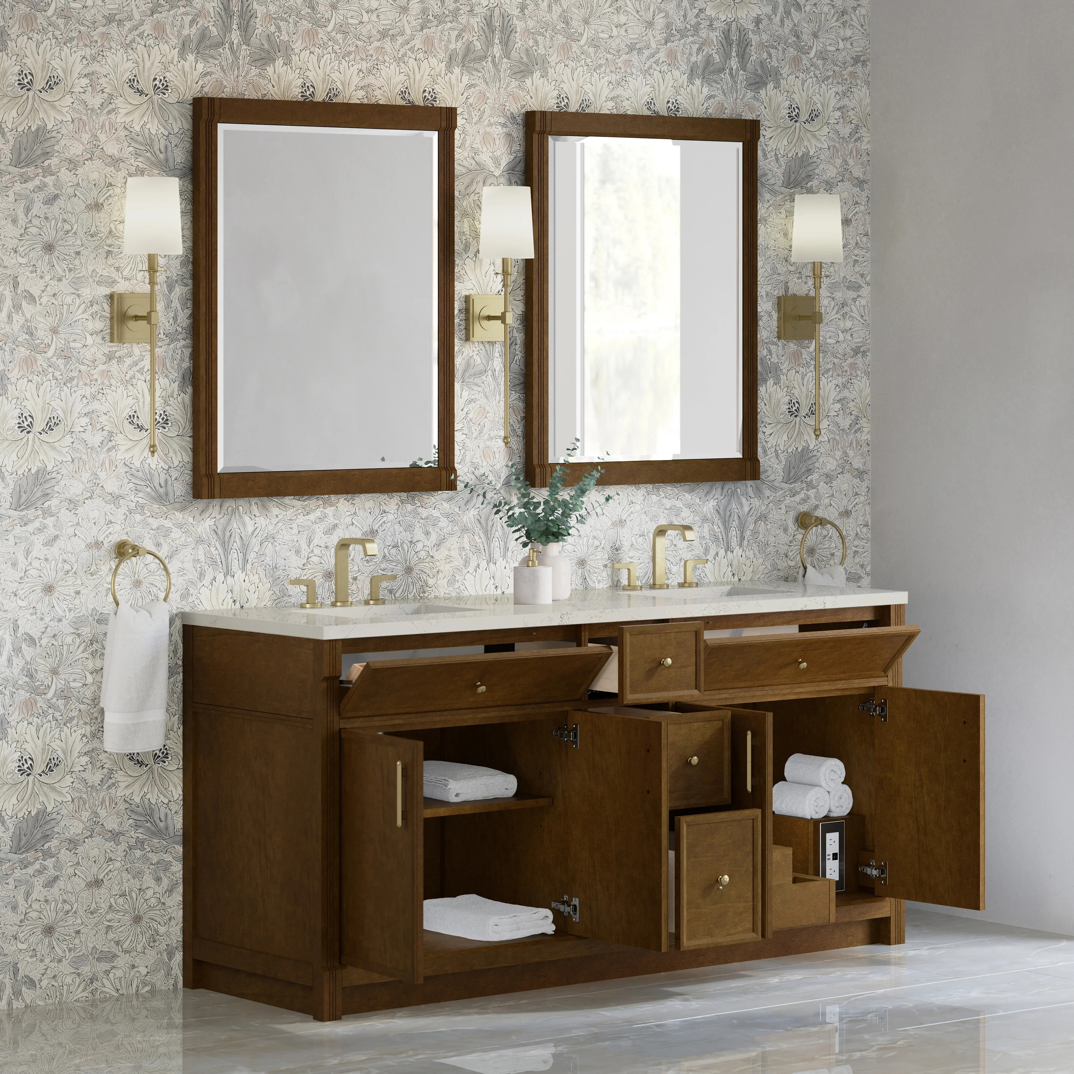 Bellshire 72" Double Vanity, Honey Oak w/ 3 CM Siberian Silestone Top w/FreePower Wireless Charger